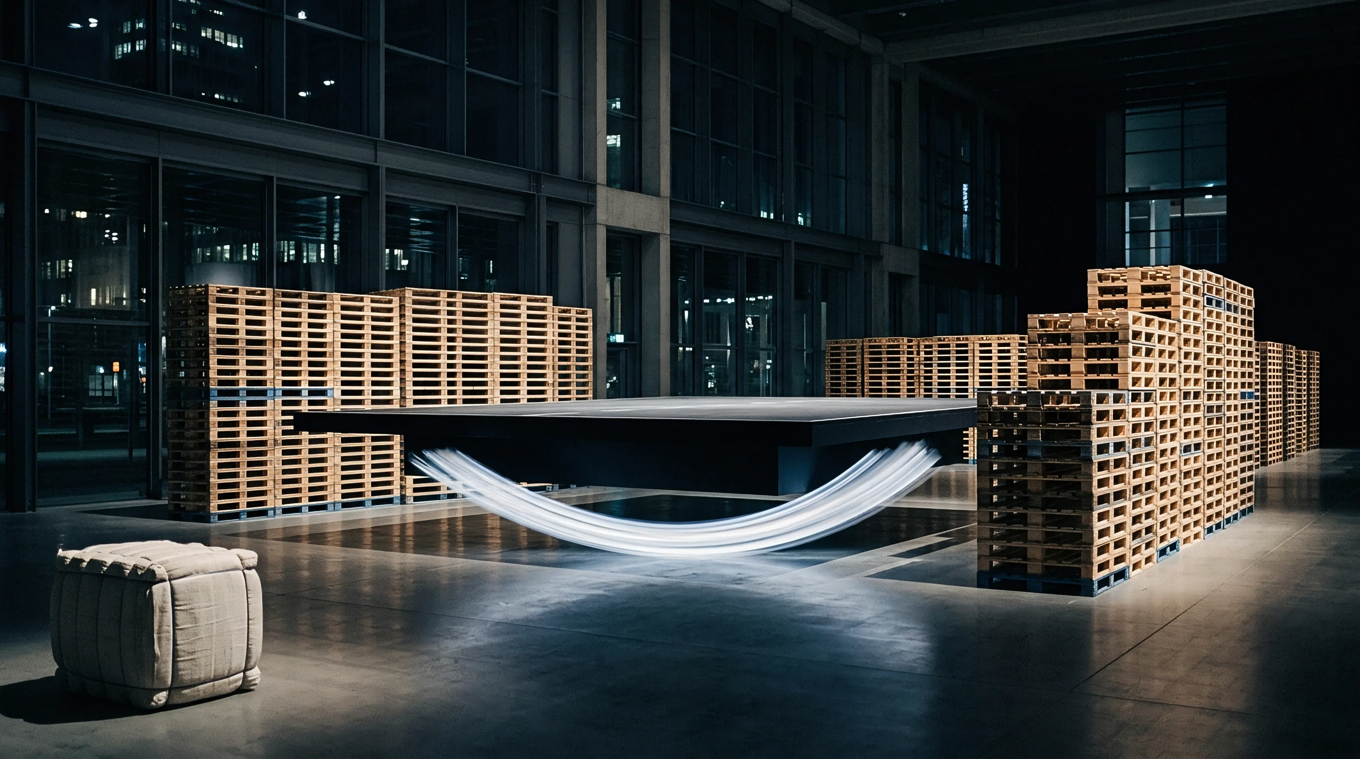 A digital render of a levitating dark platform between stacks of wooden pallets occupies the center of a modern industrial warehouse.