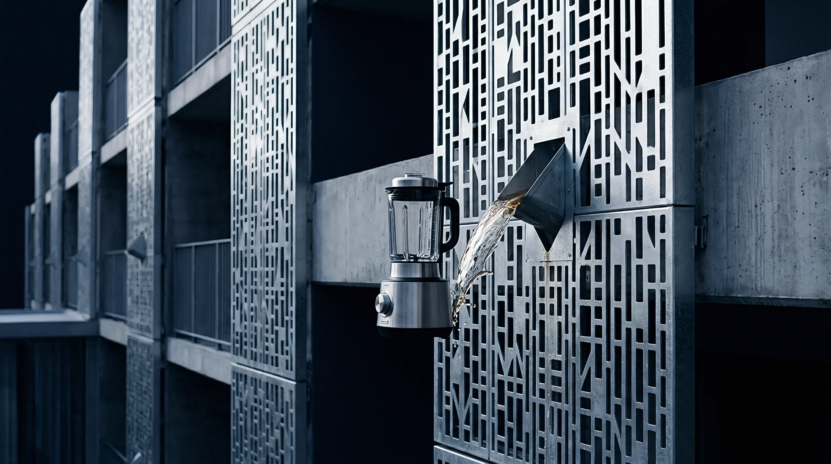 A glass blender receives liquid from a metal chute mounted on a perforated steel facade during manufacturing in this industrial render.