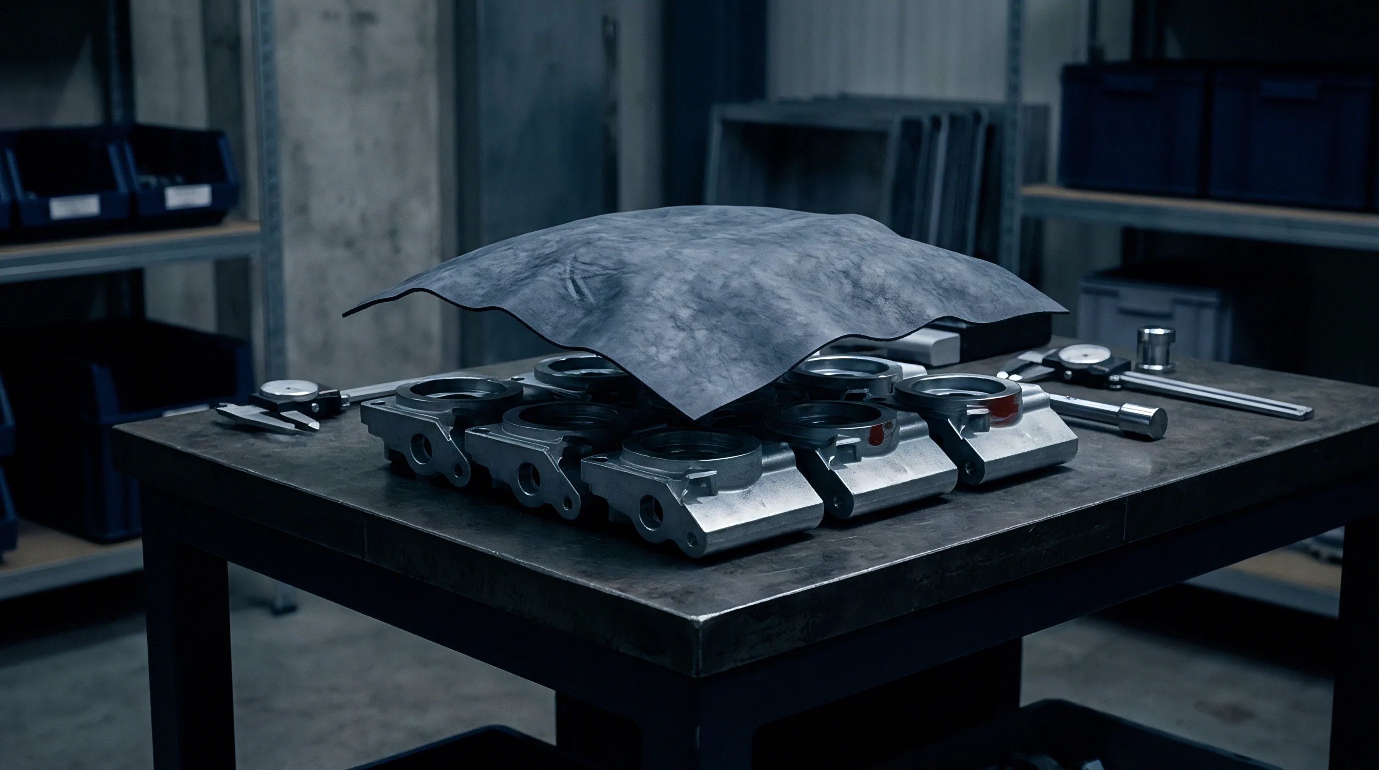Metal machined housings and precision calipers rest on a workbench under a flexible protective sheet within an industrial manufacturing facility.