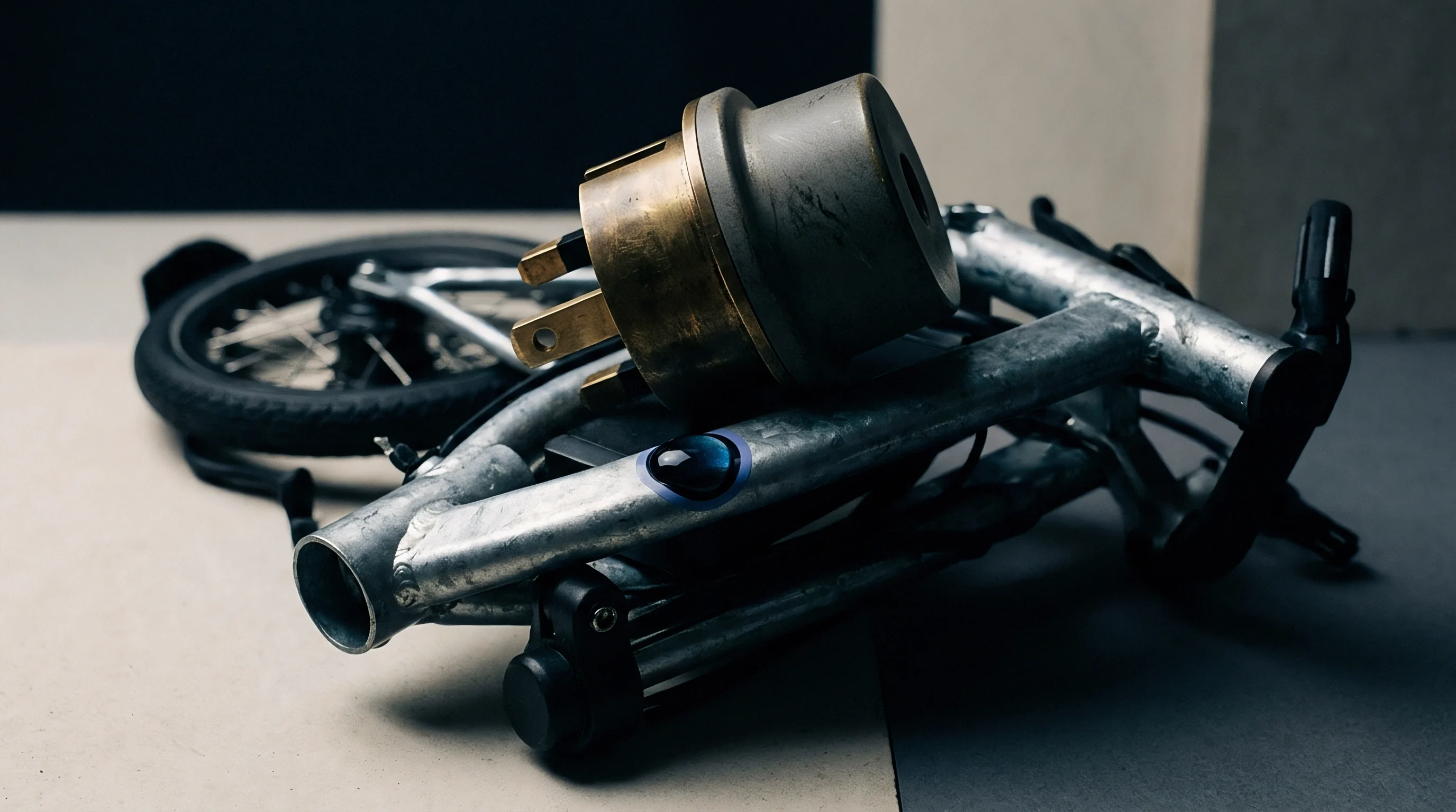 Machined brass motor housing and raw aluminum tubular frame components rest on a neutral testing workbench inside the production facility.