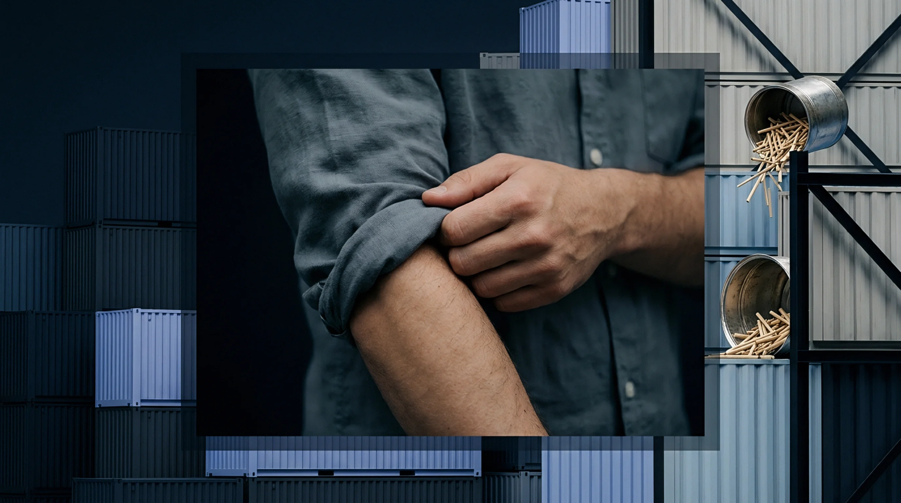 Stacked intermodal containers and drums with wooden components flank a worker rolling a textile sleeve within a composite illustration of factory preparation.