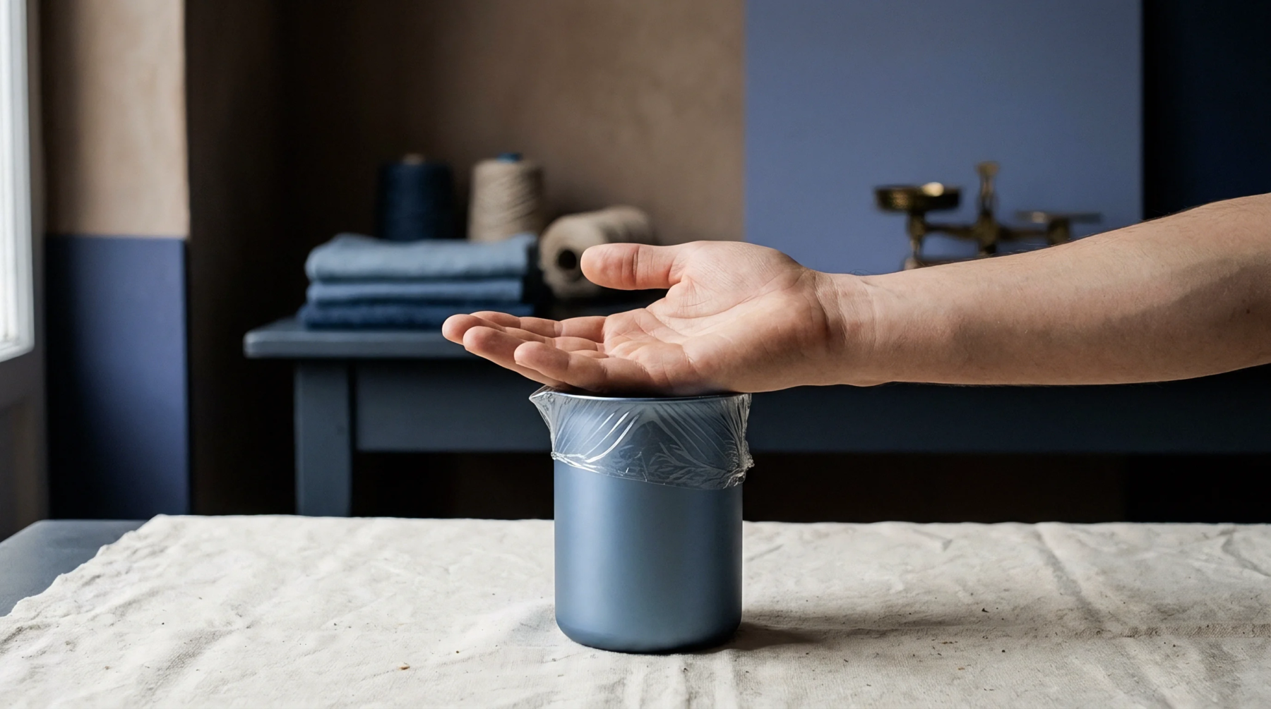 A human hand presses down on a sealed metal container positioned on a textile testing workbench inside a production facility.