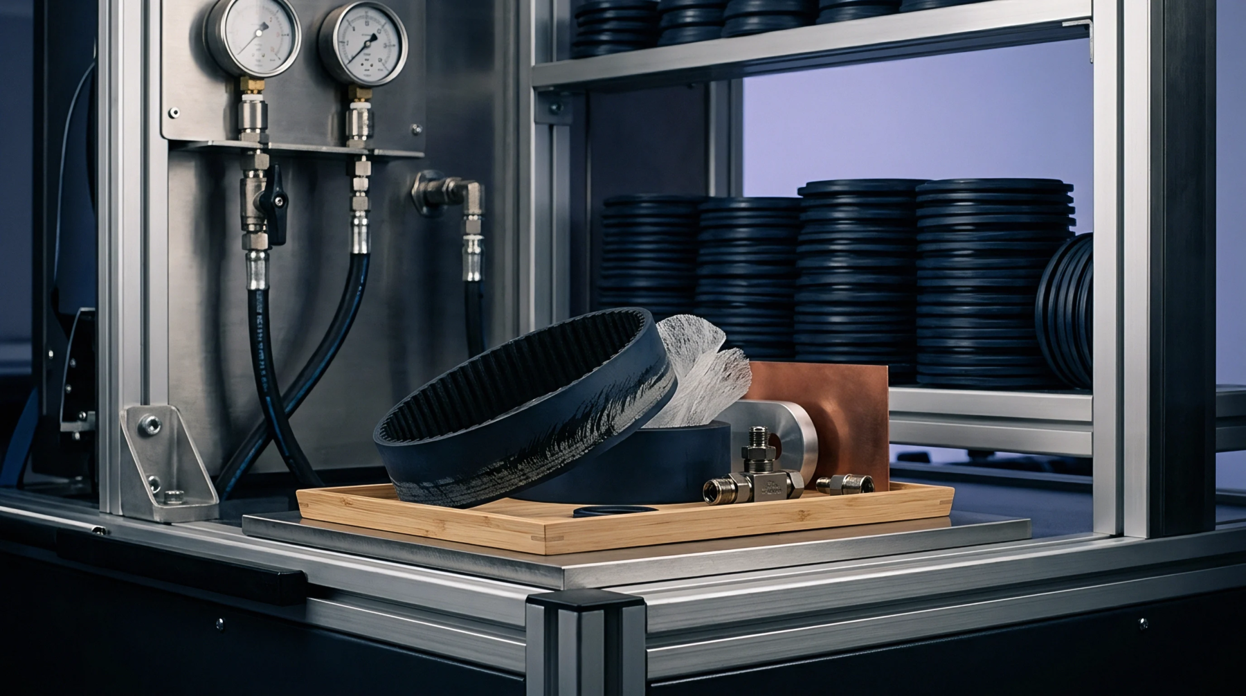 A selection of industrial components, including a timing belt and metal fittings, are displayed on a tray near pressure gauges and stacked rubber seals.