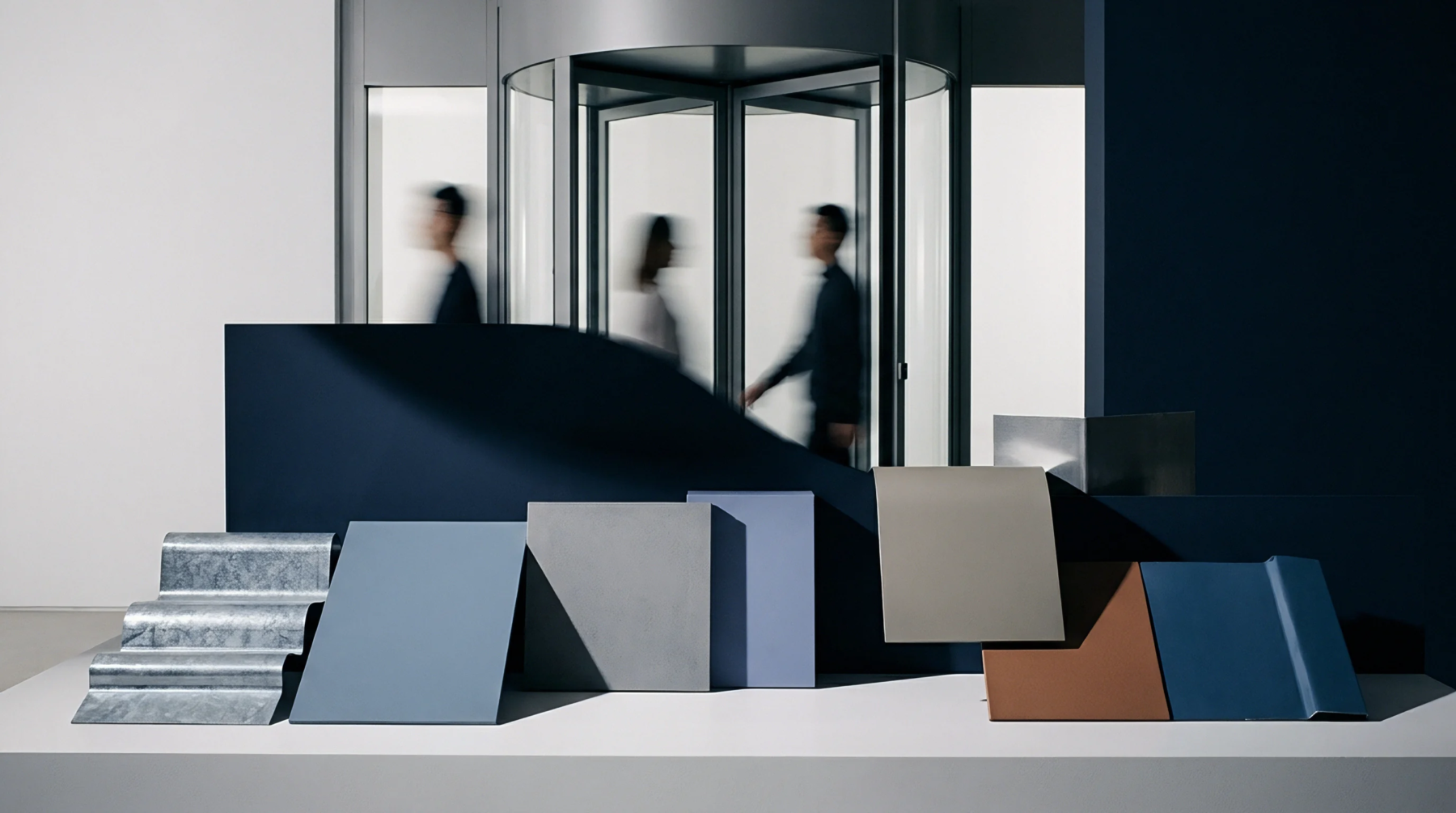 This scene displays diverse material samples in muted tones arranged on a platform in front of a revolving door where blurred figures signify movement.