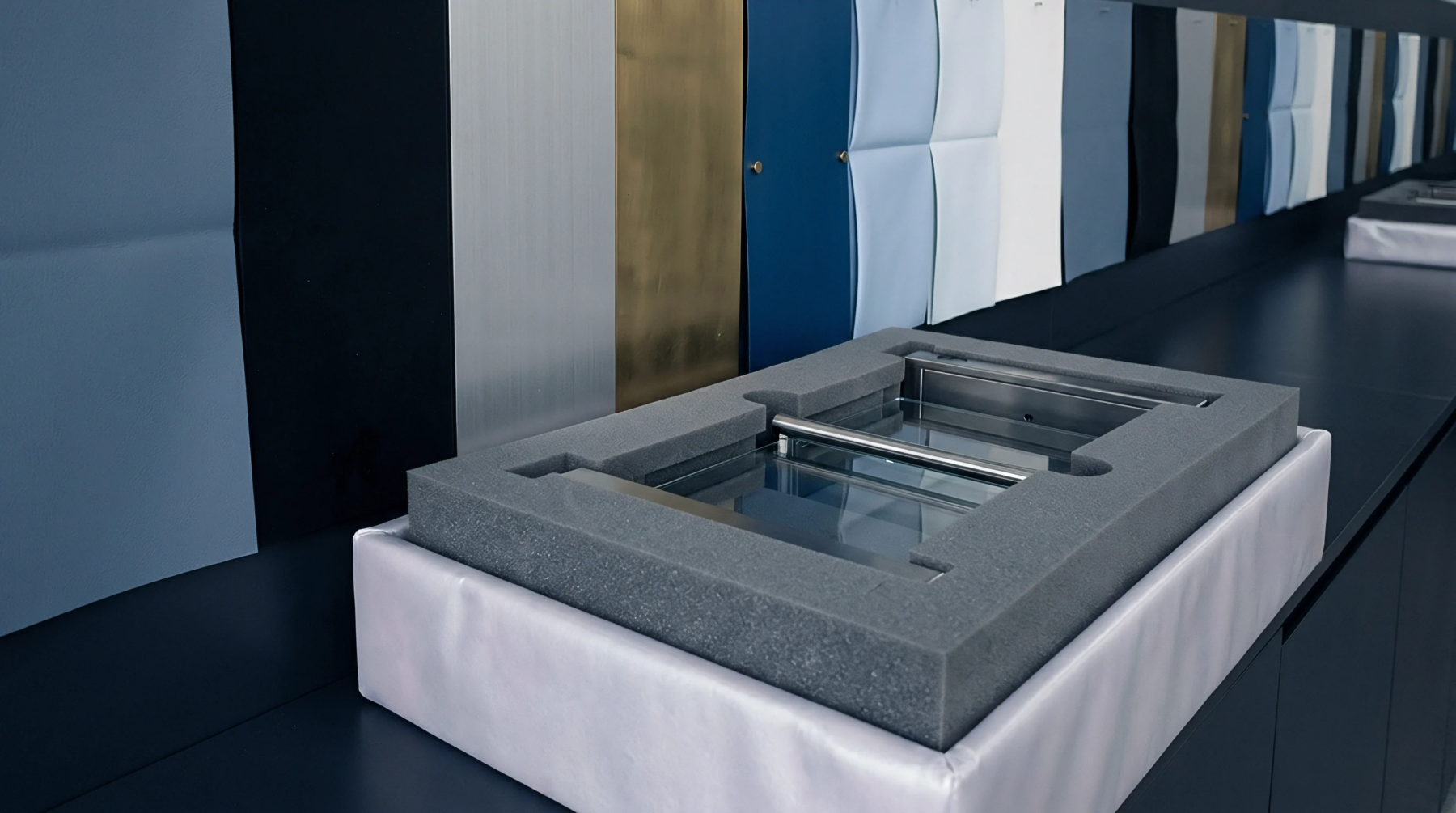 A protective foam insert holds a component while a row of diverse material samples is displayed, indicating readiness for production and logistics.