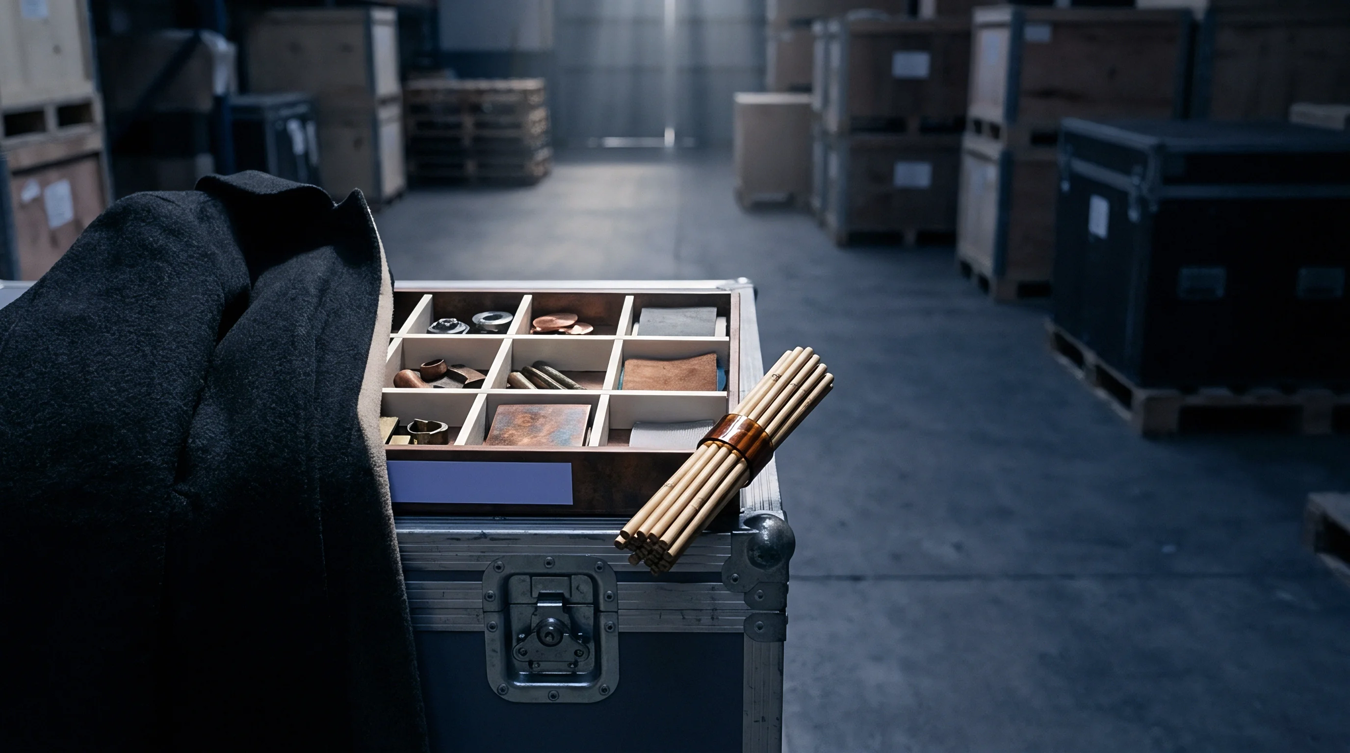 A partitioned wooden tray holding diverse material samples and metal hardware rests upon an industrial transport case inside a cavernous storage facility.