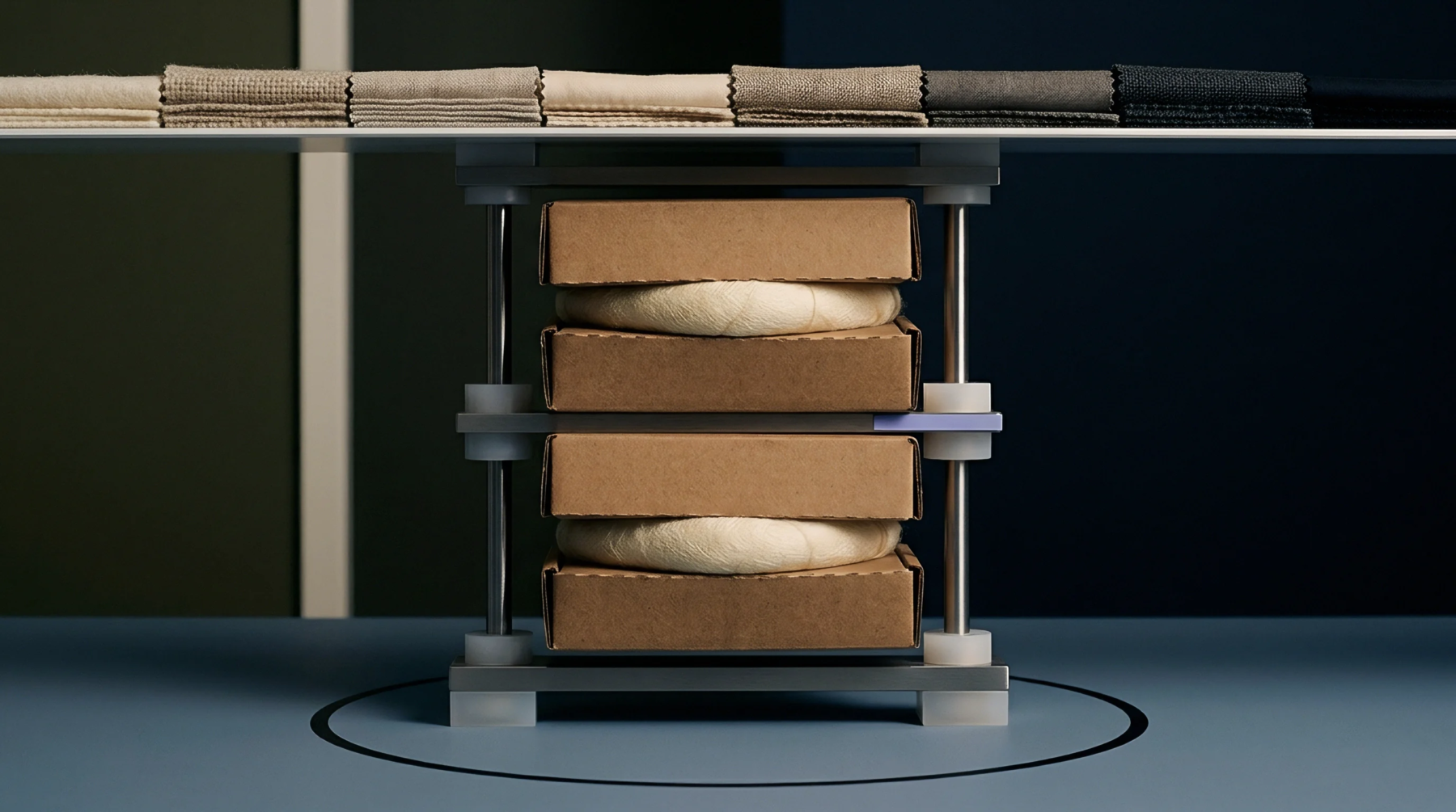 A digital render displays material compression testing equipment crushing textile padding between corrugated cardboard boxes inside a quality control facility.