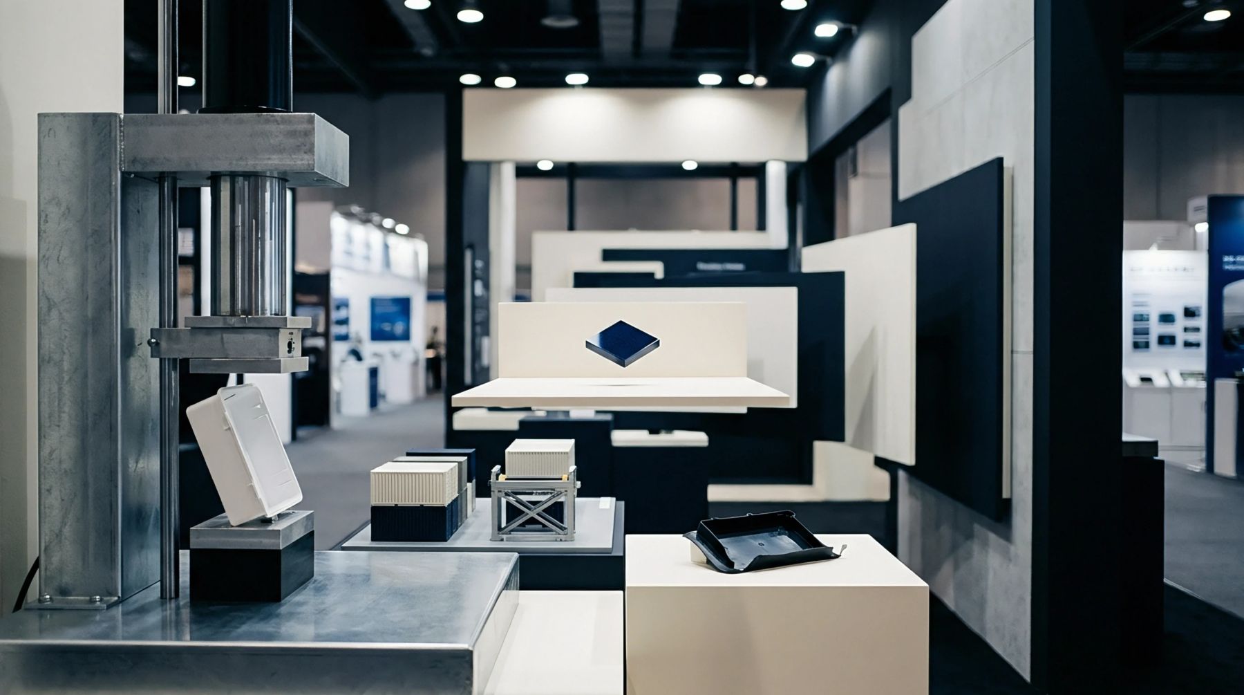 A mechanical compression testing machine evaluates polymer packaging samples on a factory exhibition floor under controlled conditions.