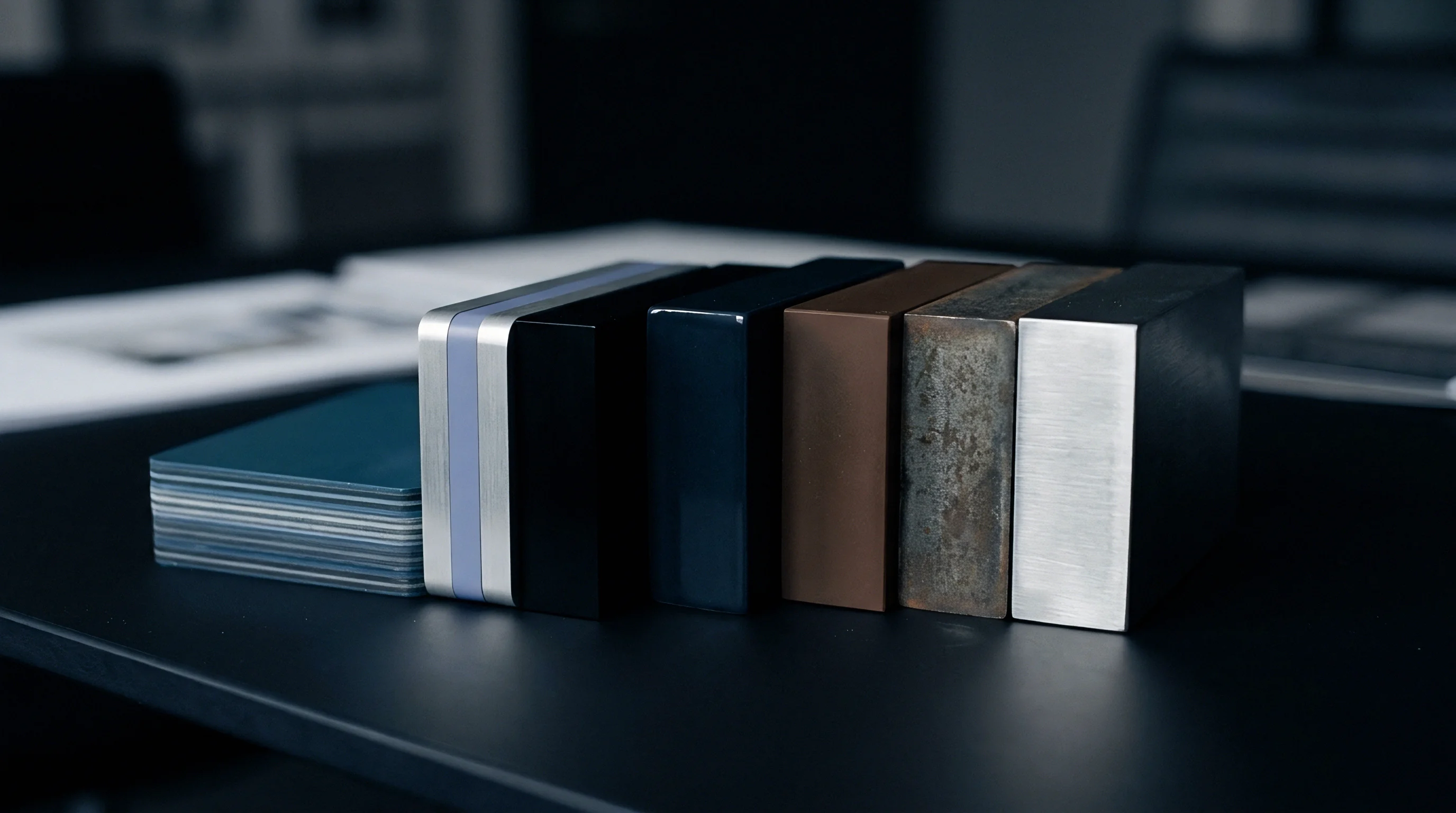 Rectangular metal and polymer material finish blocks stand in a row on a dark table beside a stacked sheet sample.