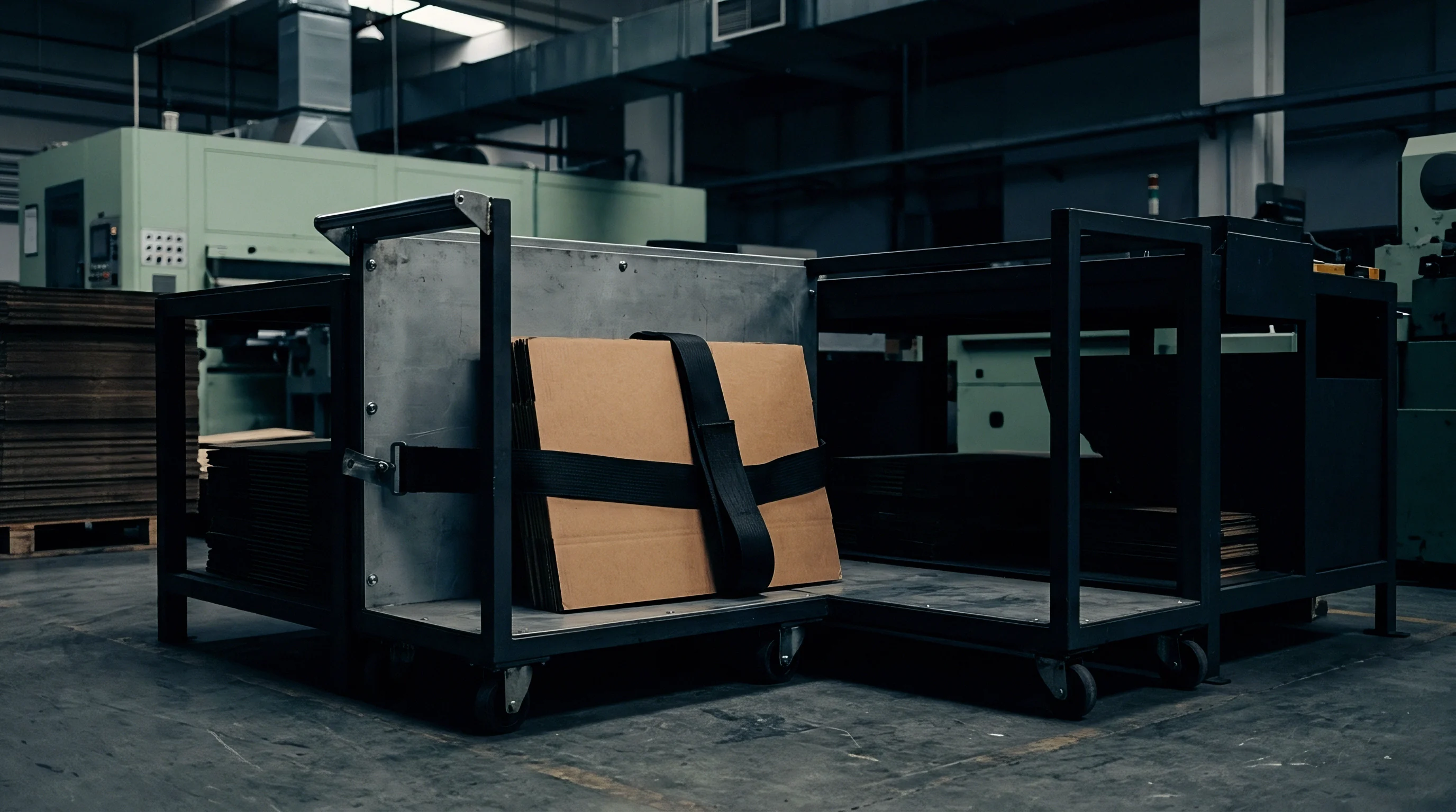 Stacks of brown corrugated cardboard sheets rest vertically on a steel industrial transport cart inside a manufacturing facility.