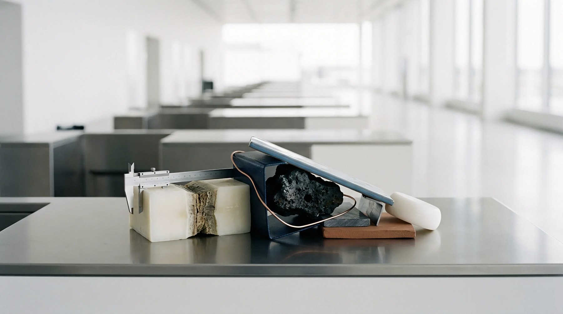 Polished metal table surfaces hold vernier calipers and stone specimens arranged for a technical inspection inside a manufacturing terminal.