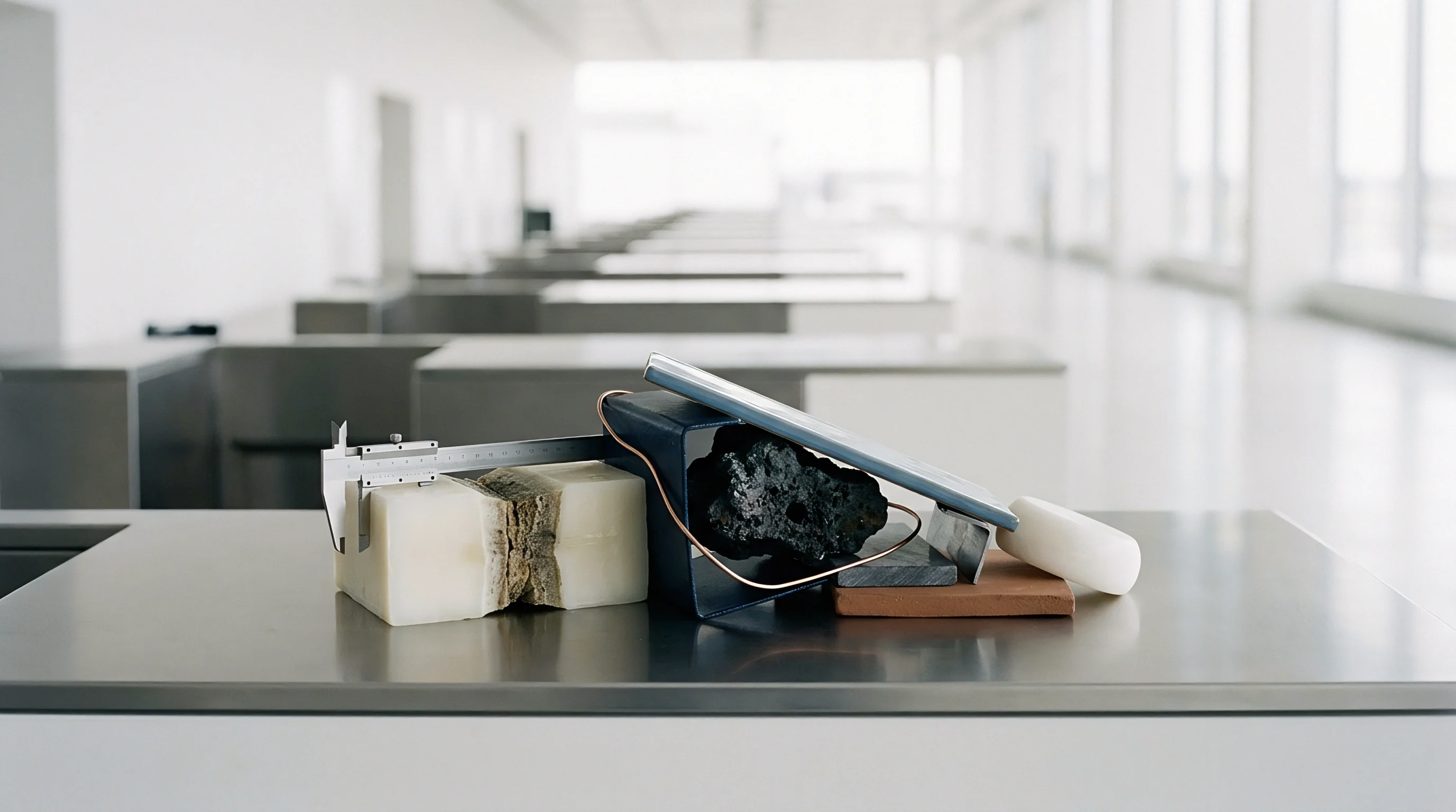 Polished metal table surfaces hold vernier calipers and stone specimens arranged for a technical inspection inside a manufacturing terminal.
