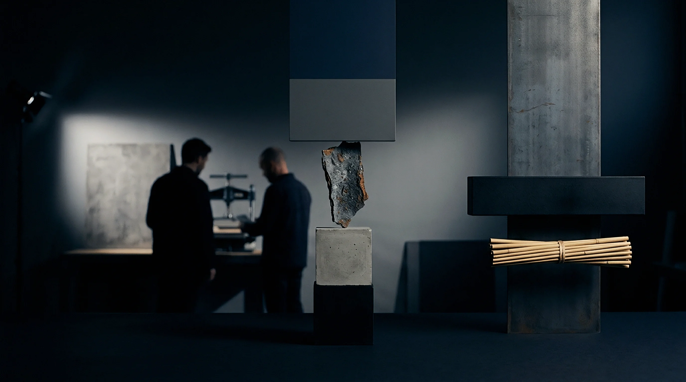 Raw concrete blocks, stacked stone elements, and steel components rest in careful balance inside an enclosed industrial facility workspace.
