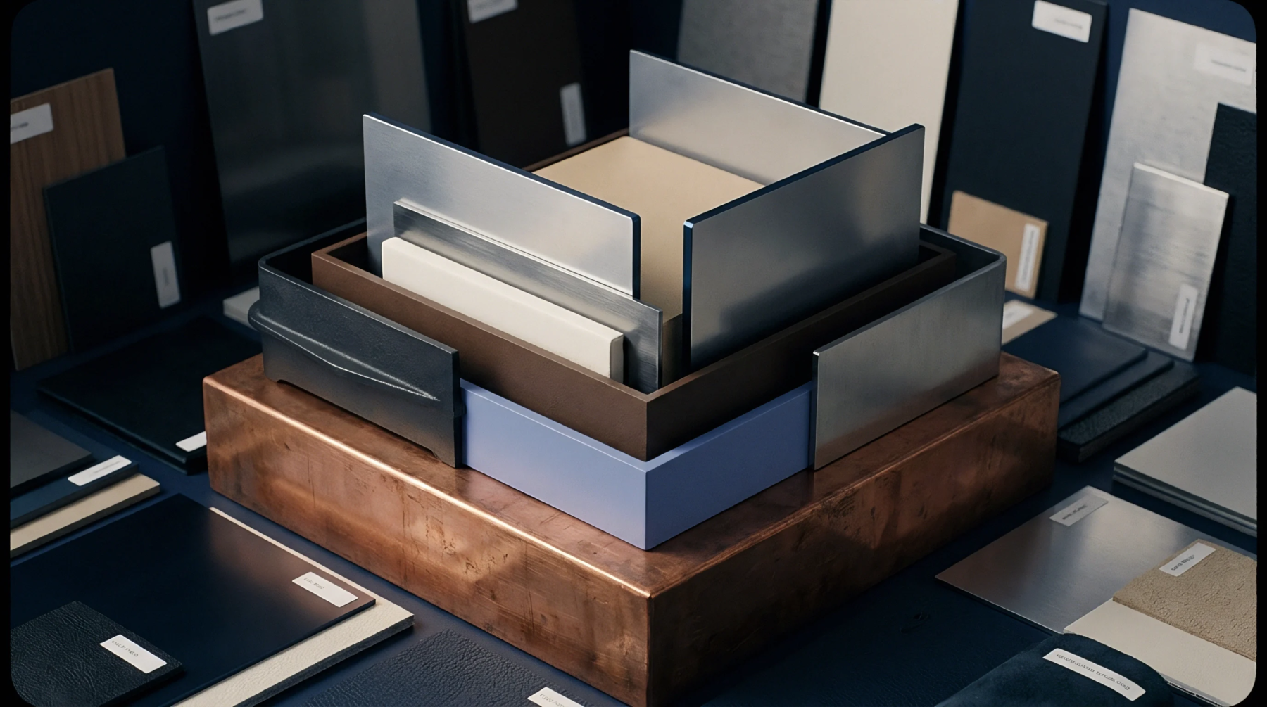 A digital render shows an organized assortment of material samples including brushed metal plates and wood veneers atop a heavy copper base.