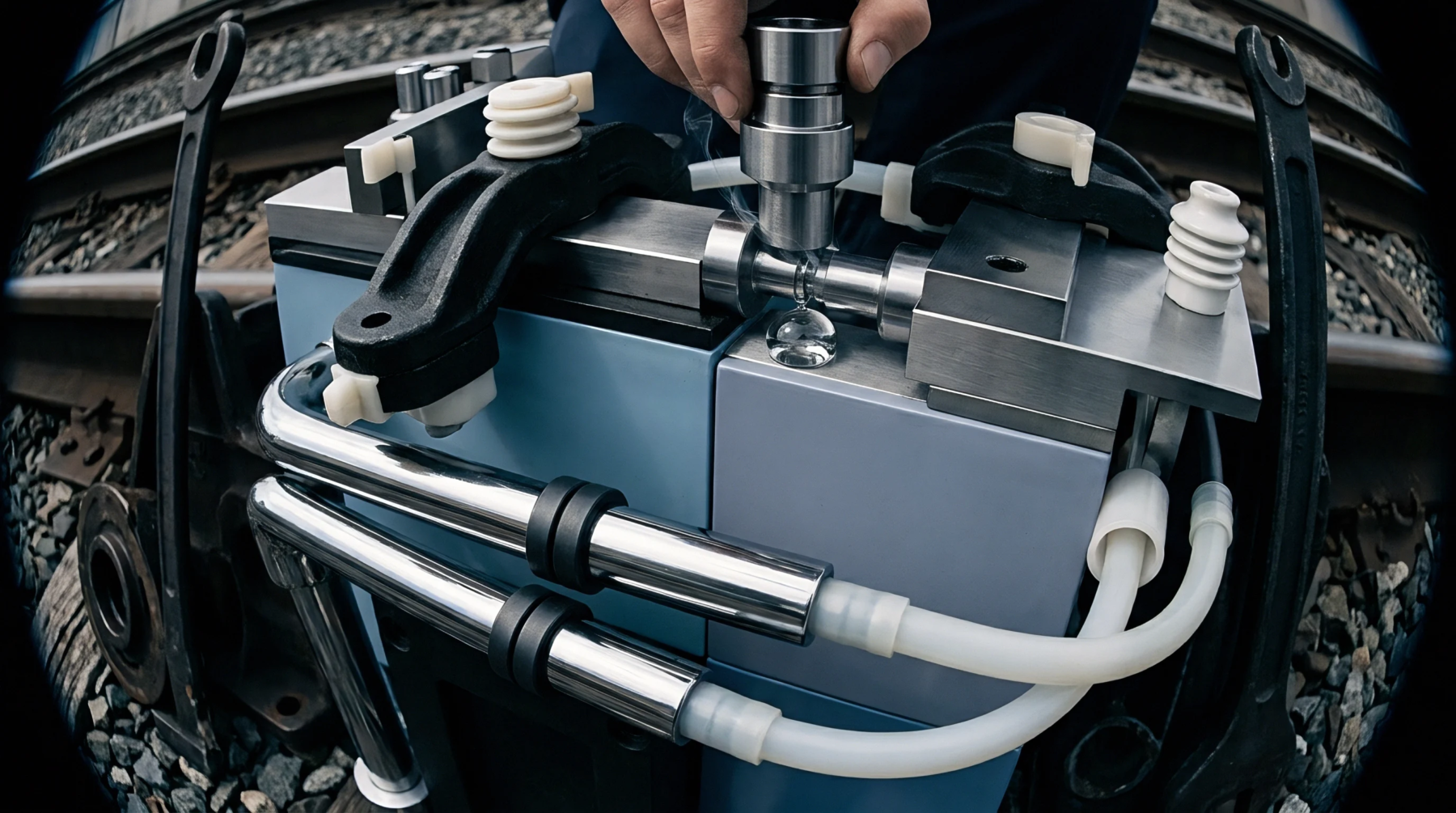 Industrial equipment is observed during a material testing procedure involving a clear liquid drop, performed outdoors near railway infrastructure.