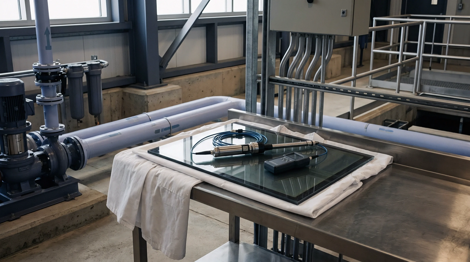 A specialized sensor and handheld meter rest on a clear glass panel, positioned on a stainless steel table within an industrial facility.