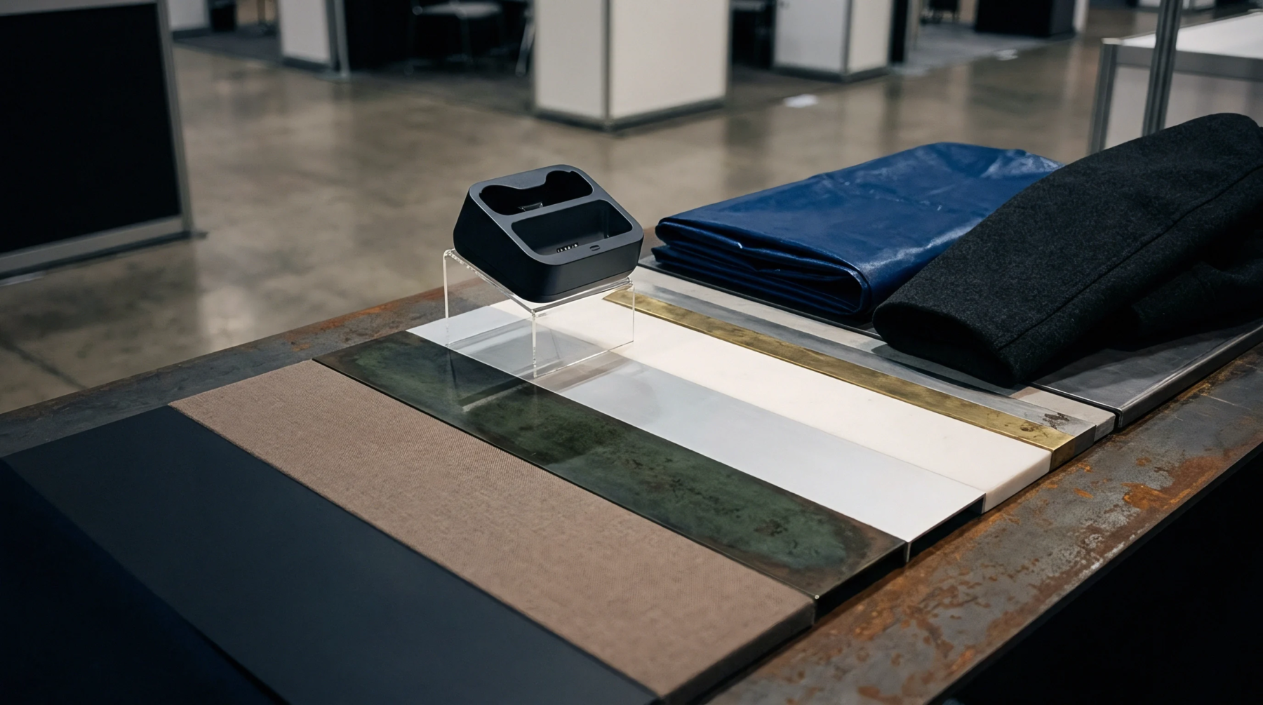 Diversified material samples and a prototype housing sit arranged on an industrial workshop workbench during supplier evaluation.