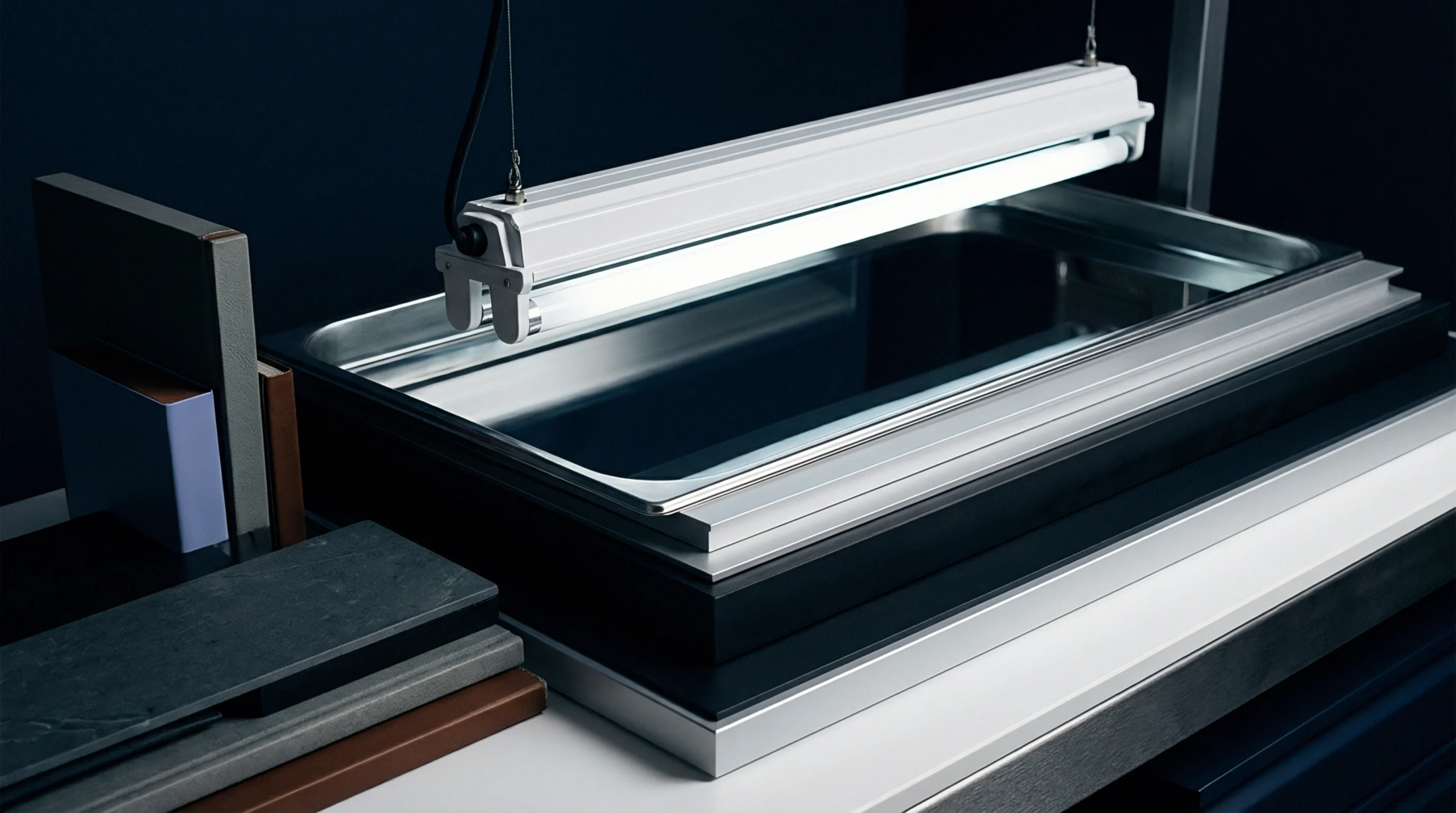 A metal inspection basin sits beneath an overhead dual tube light fixture alongside stacked raw material samples inside a factory testing room.