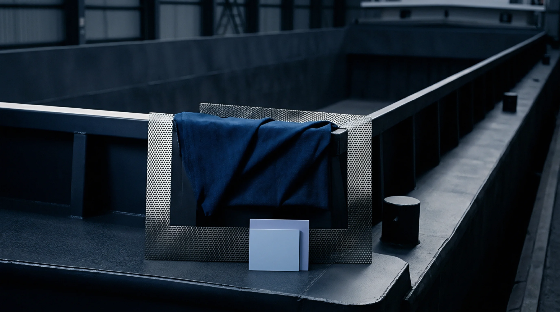 Perforated metal frames and textile fabric samples rest upon a steel industrial barge surface during raw material compliance and quality inspection procedures.