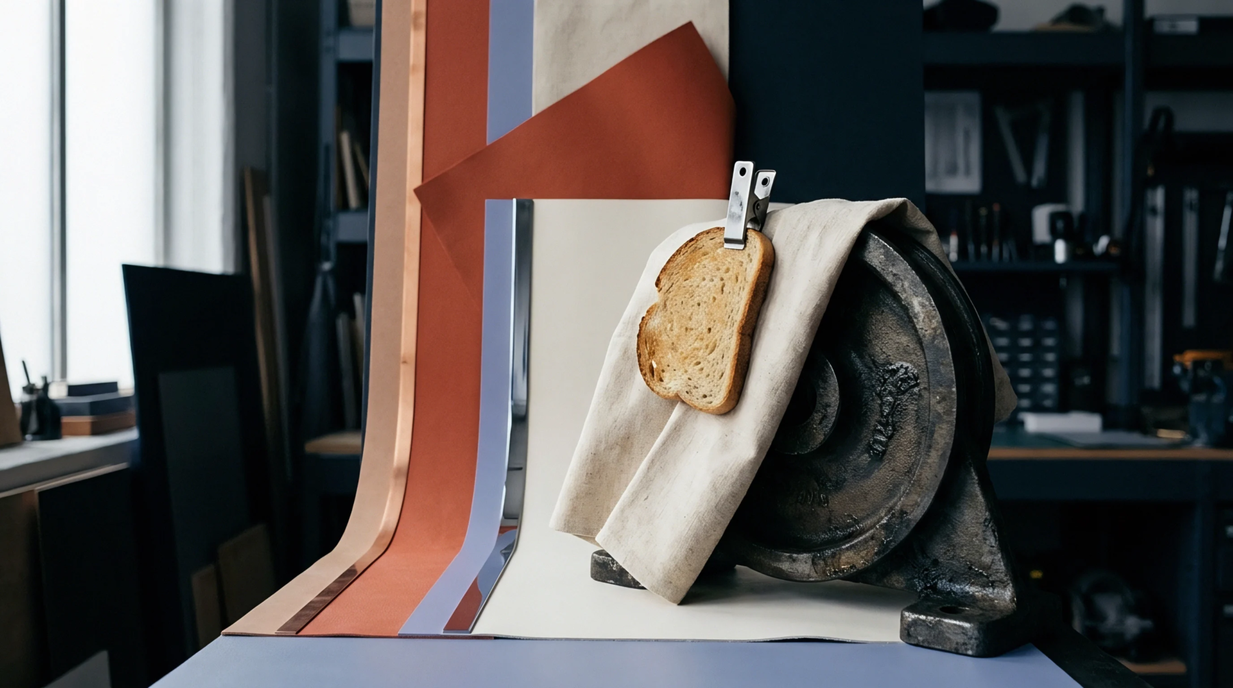 A fabric sample draped over a heavy iron casting rests beside vertical material swatches inside a production workshop.