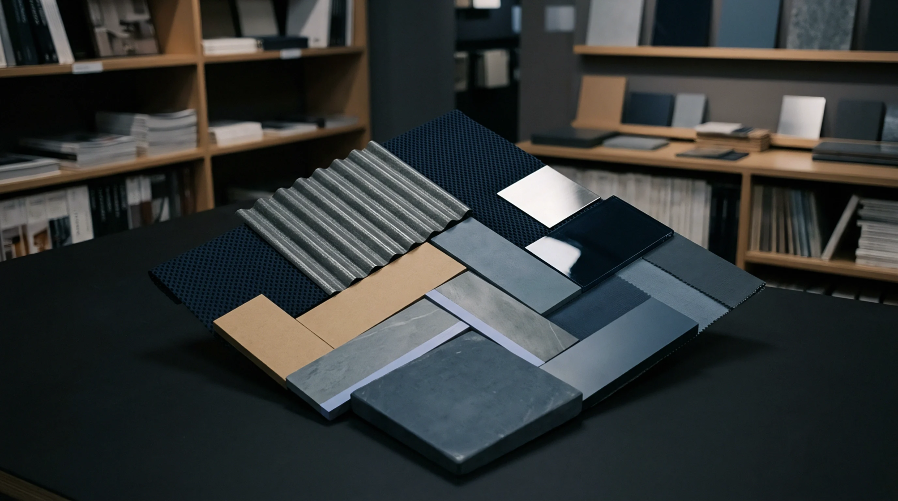 Industrial material samples including textured metal composite panels and stone slabs lie on a table in a sourcing office.