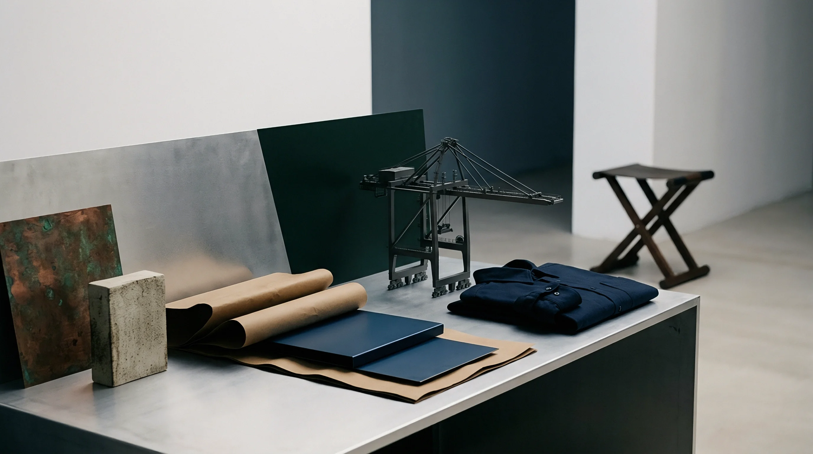 Material samples and a miniature crane model rest on a metallic workbench inside a manufacturing facility sample room.