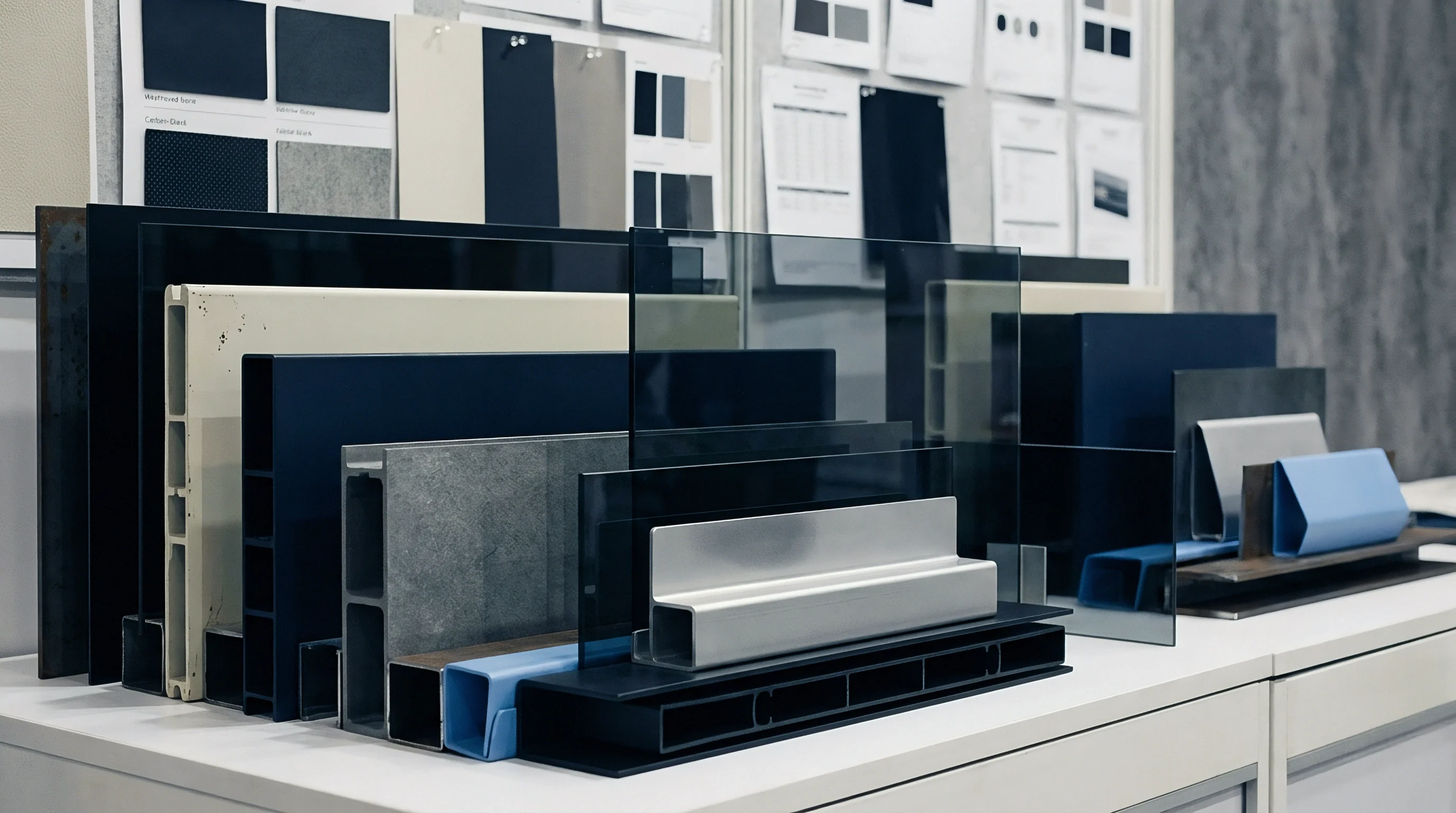 Industrial material samples including metal panels, polymer extrusions, and tinted glass sheets rest on a white table inside a sourcing studio.