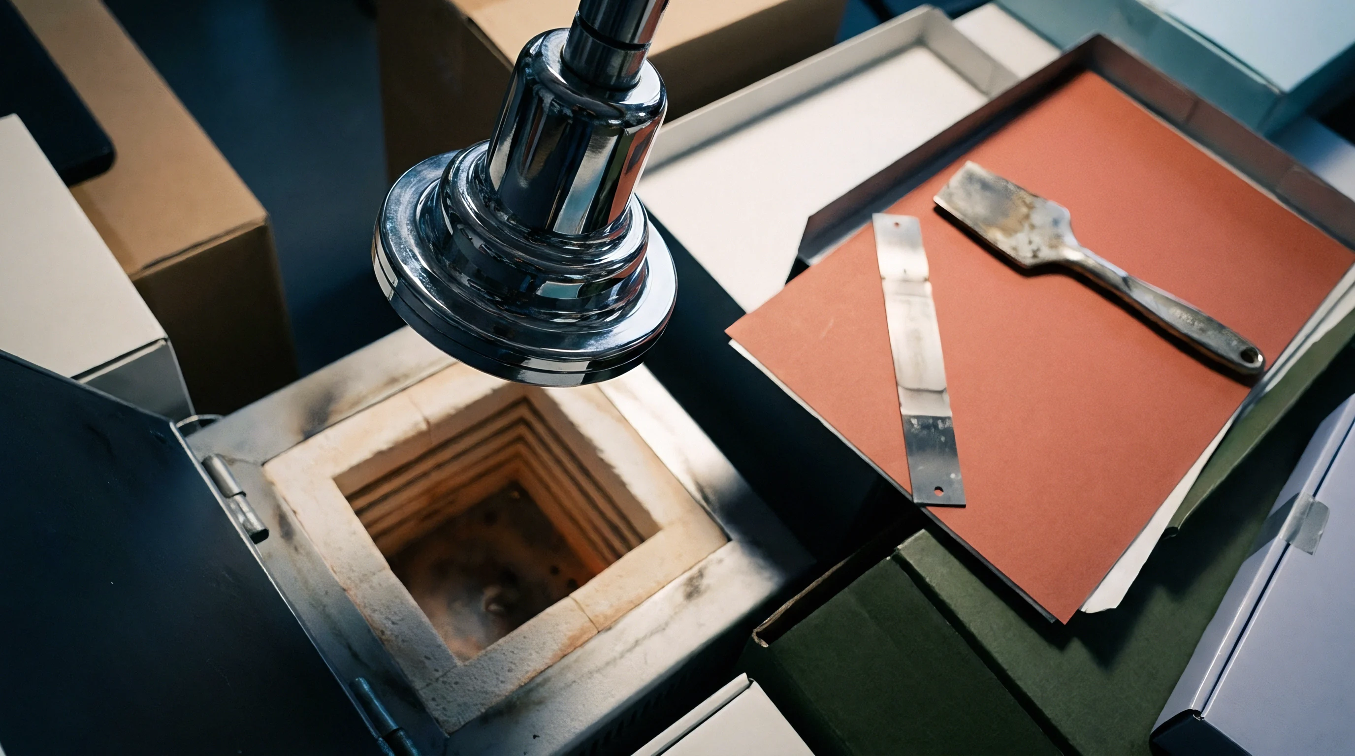 Raw material samples and laboratory tools rest on a workbench beside an open high temperature industrial kiln during quality inspection procedures.
