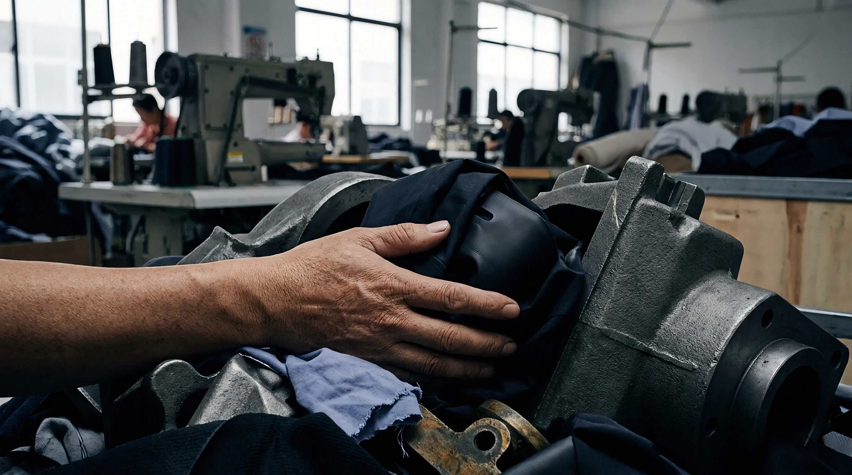 A hand touches dark fabric draped over a cast metal industrial component at a production station in a Chinese factory.