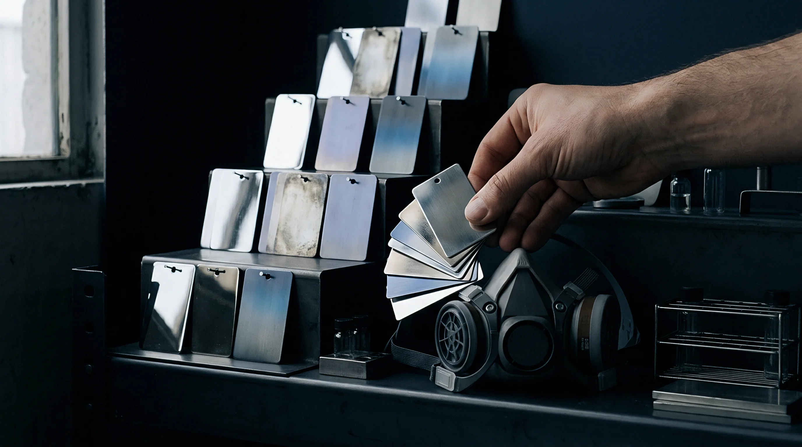 An industrial inspector examines metal surface finish swatches arranged on shelves inside a manufacturing quality assurance laboratory.