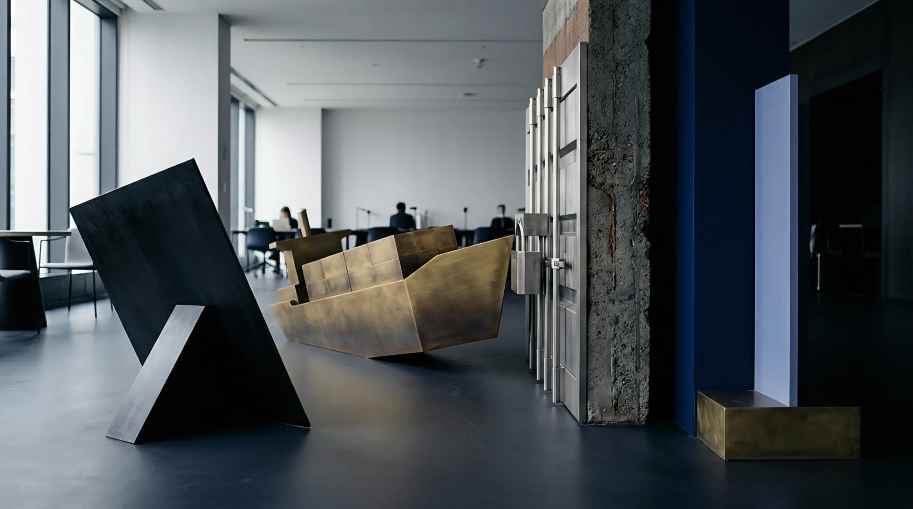 Custom fabricated metal ship models and geometric panels stand on a dark floor inside a modern corporate office workspace.