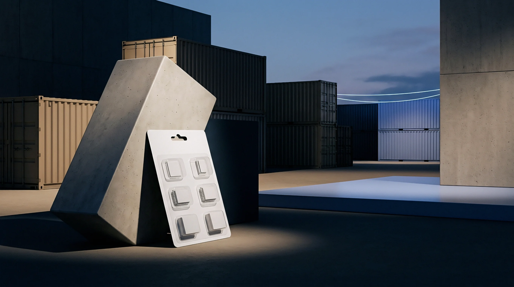 Packaged microchip blister card rests against a heavy concrete structural element amid industrial shipping containers and twilight port infrastructure.
