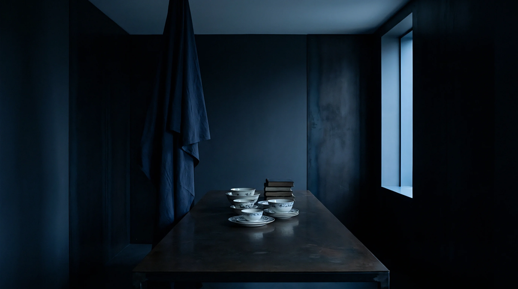 A dark metallic production audit table displays sample ceramic components beneath a suspended textile shroud inside a minimal factory testing space.