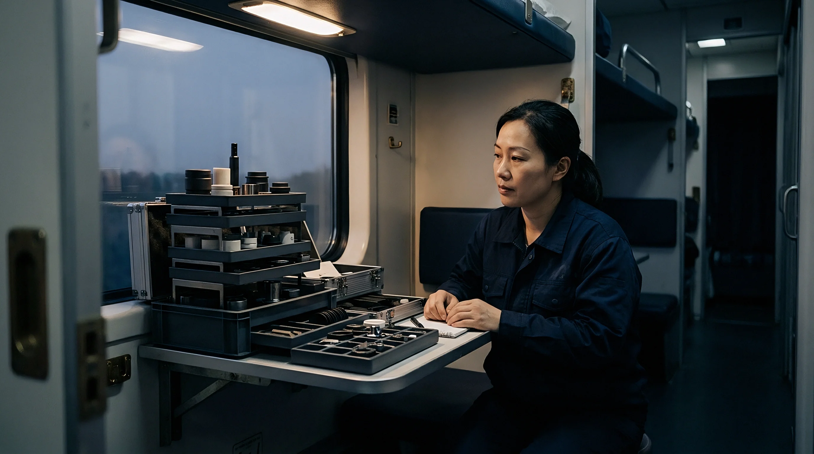 A technician in a blue uniform sits at a table inside a train cabin with specialized optical inspection equipment and a notebook.