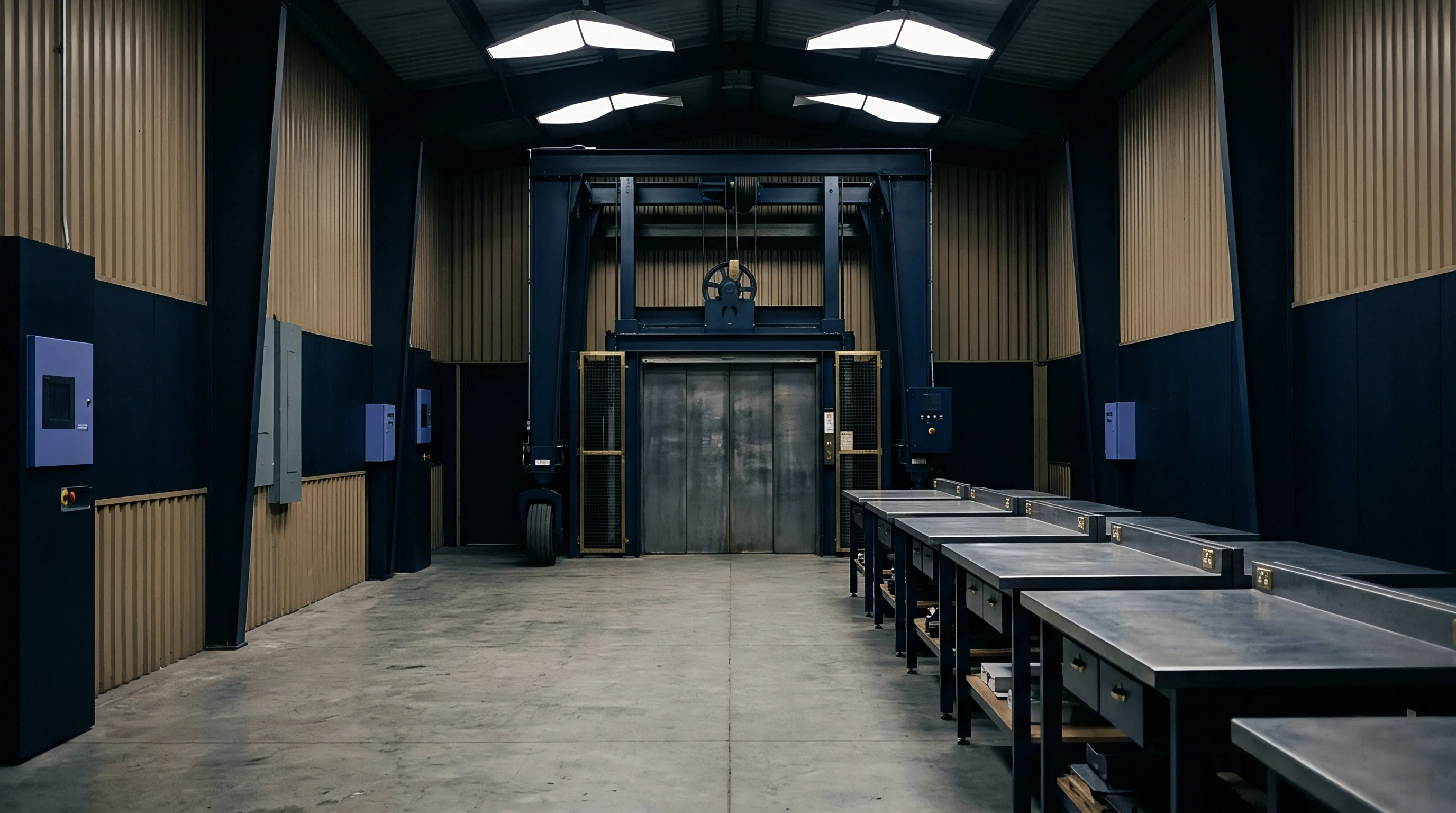 Heavy duty steel assembly tables line a clean industrial workshop featuring corrugated metal walls and a large cargo lift door.