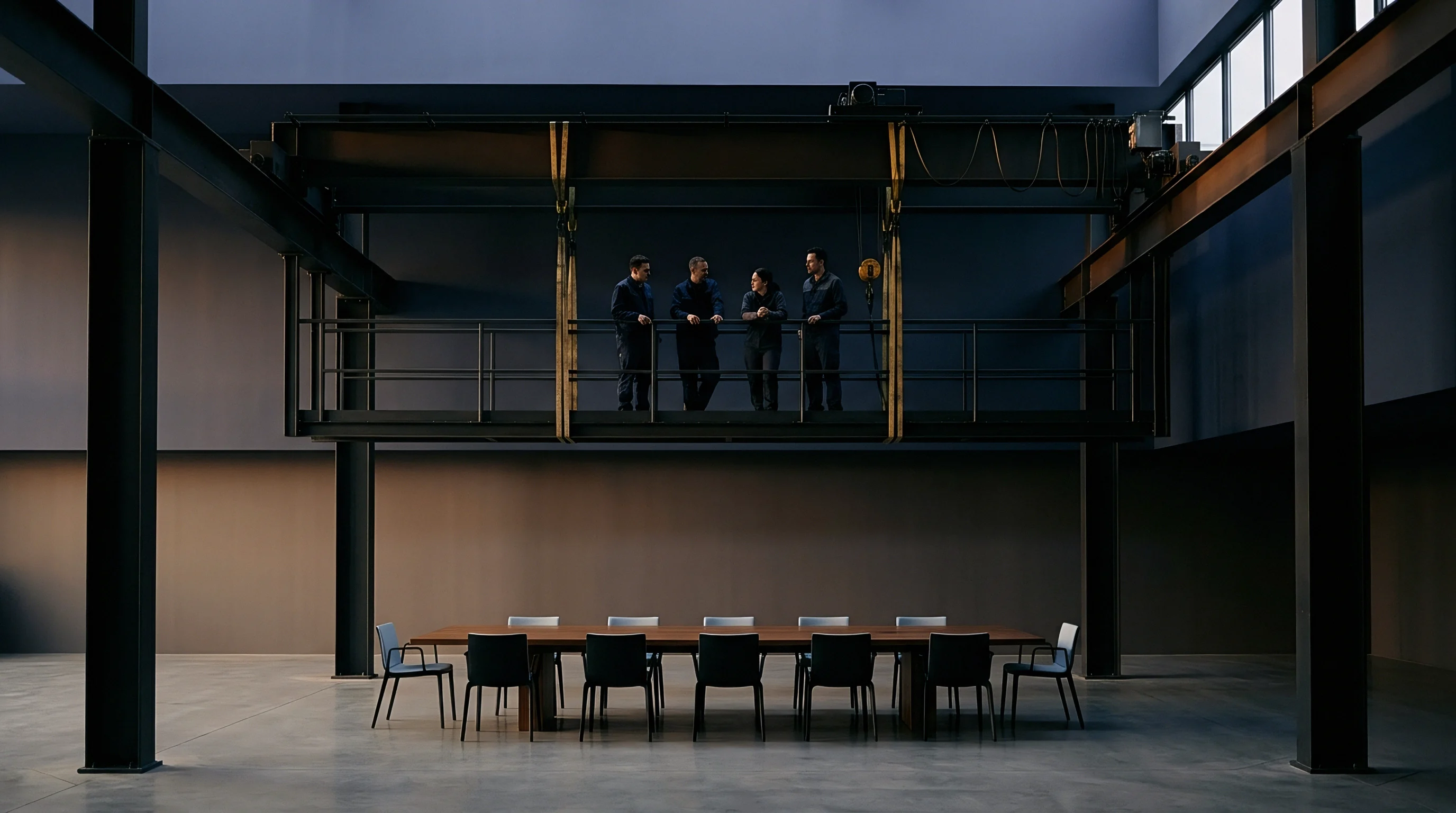 Four individuals converse on a raised platform overlooking a contemporary conference room within a vast industrial building structure.