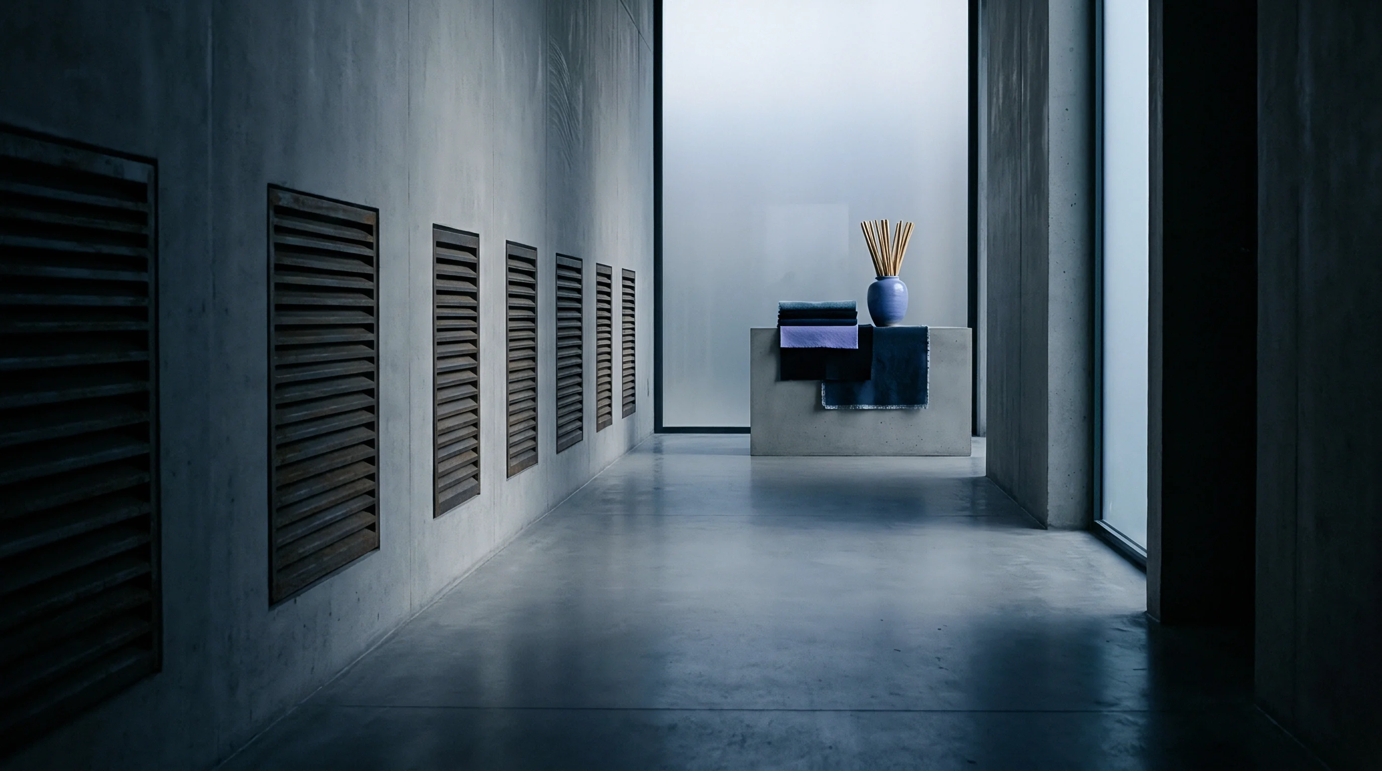 A concrete hallway features dark louvered vents along one wall and a stone plinth holding folded textiles and a ceramic vase.