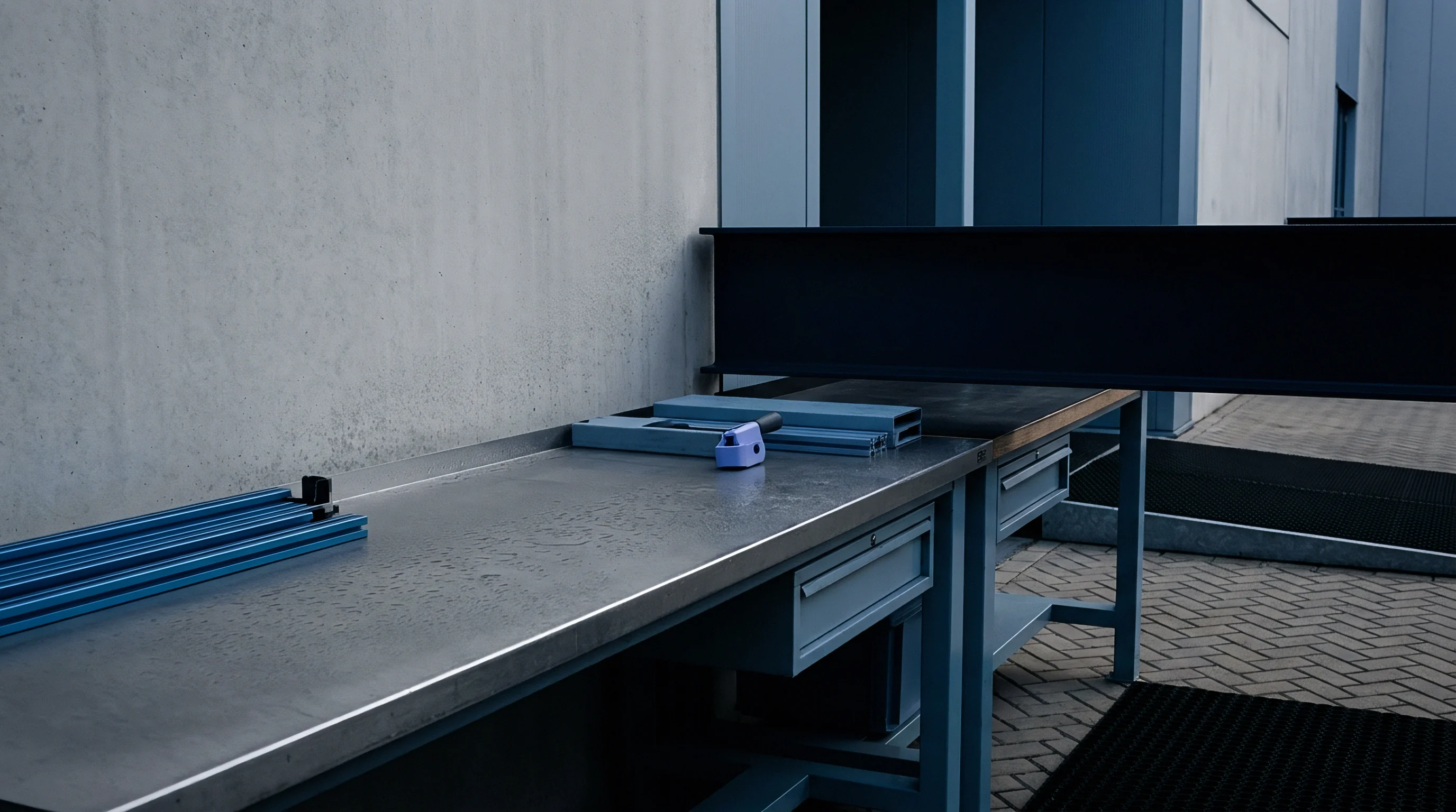 Stainless steel industrial assembly workbench holds blue aluminum extrusion profiles and clamping equipment inside a factory workshop.
