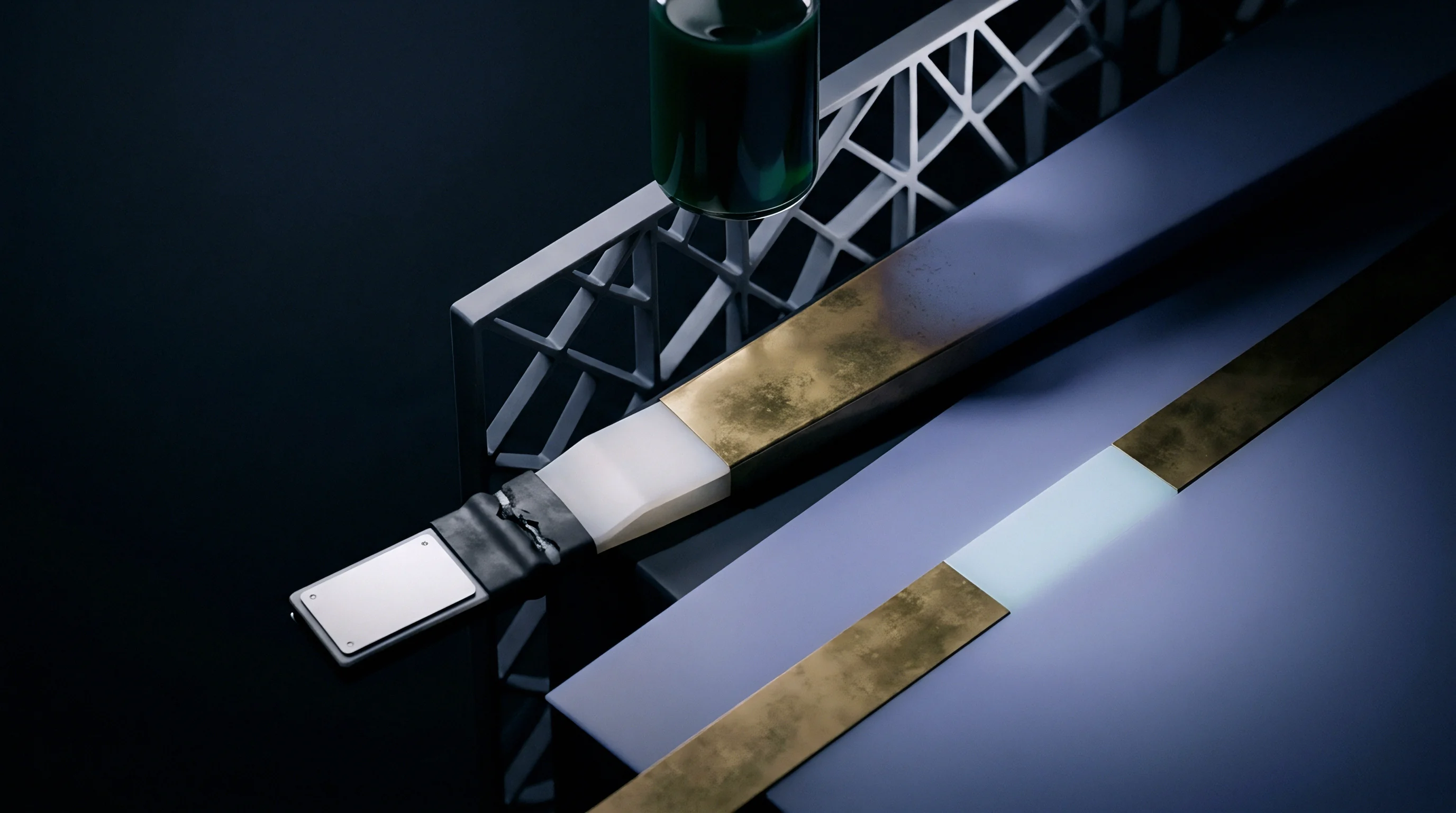 Modular electrical components feature metallic brass finishes alongside white polymer connectors arranged across a dark industrial assembly workstation.