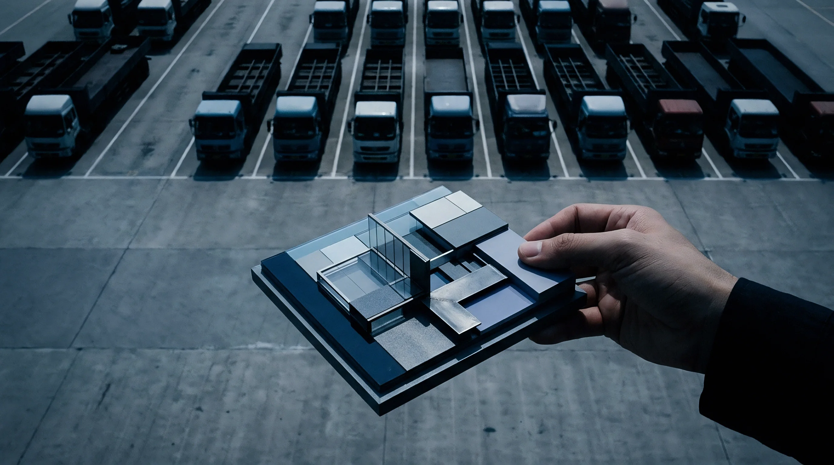 A hand holds a synthetic modular architectural model above rows of parked cargo trucks at a large industrial shipping and distribution terminal.