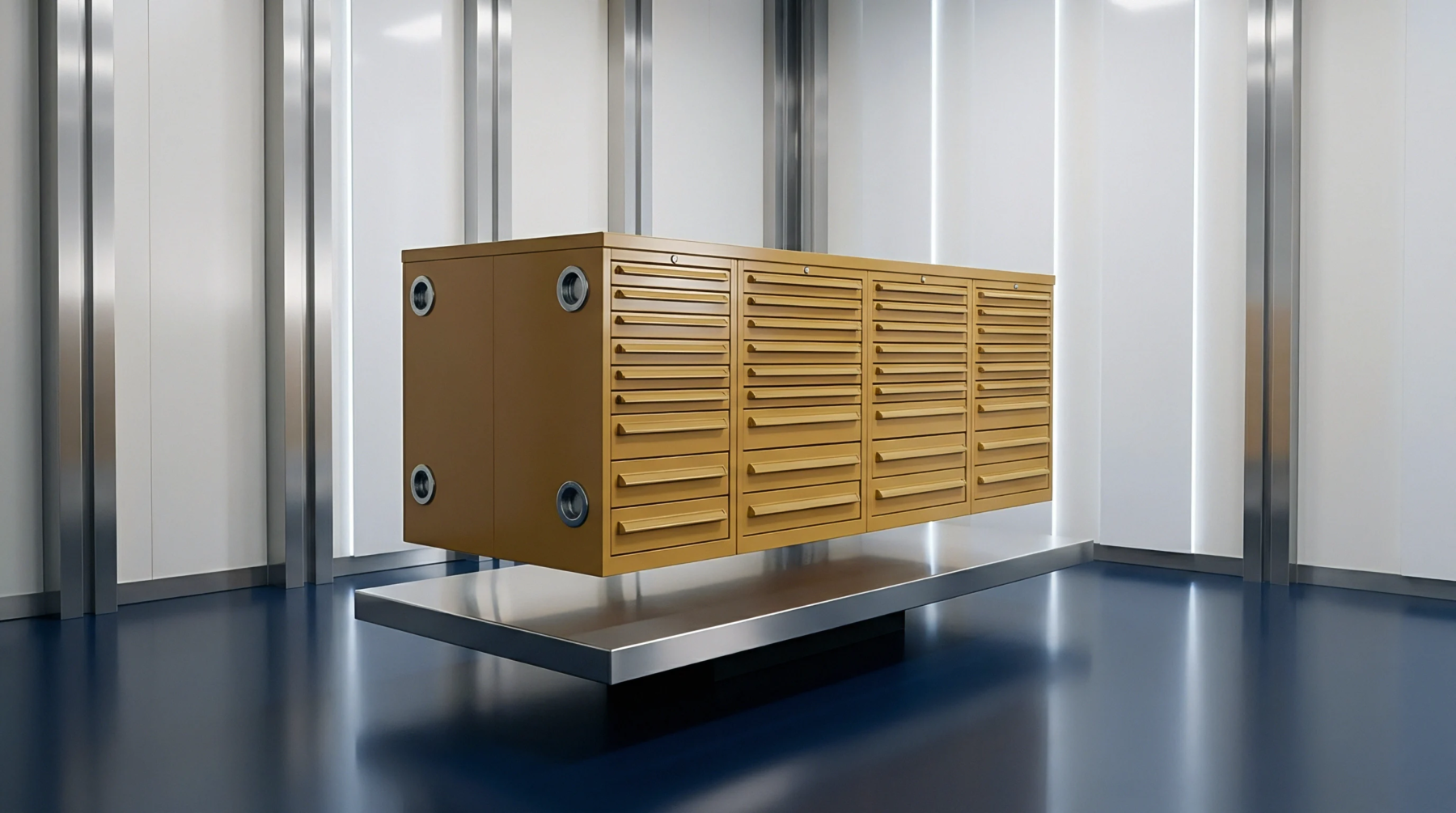 A digital render shows modular yellow steel storage cabinets mounted above a brushed metal platform inside a bright factory cleanroom.
