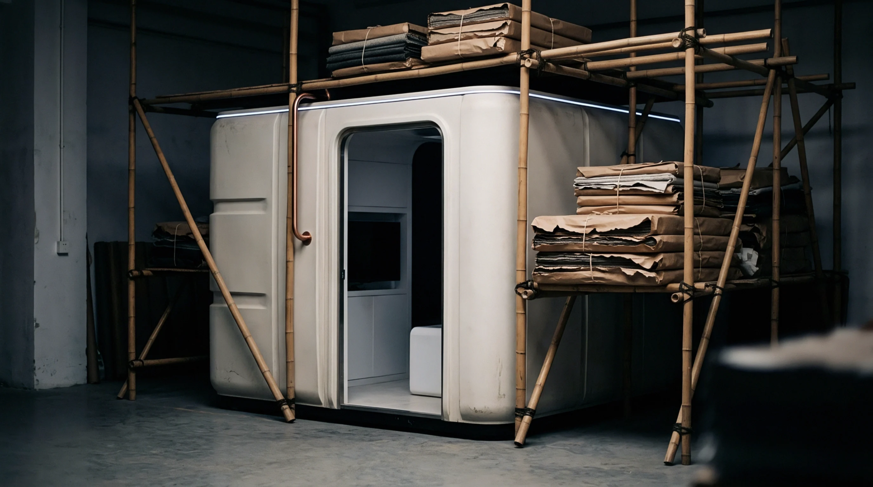 Prefabricated modular workspace cabin sits surrounded by bamboo scaffolding holding wrapped material bundles inside an industrial factory workshop.