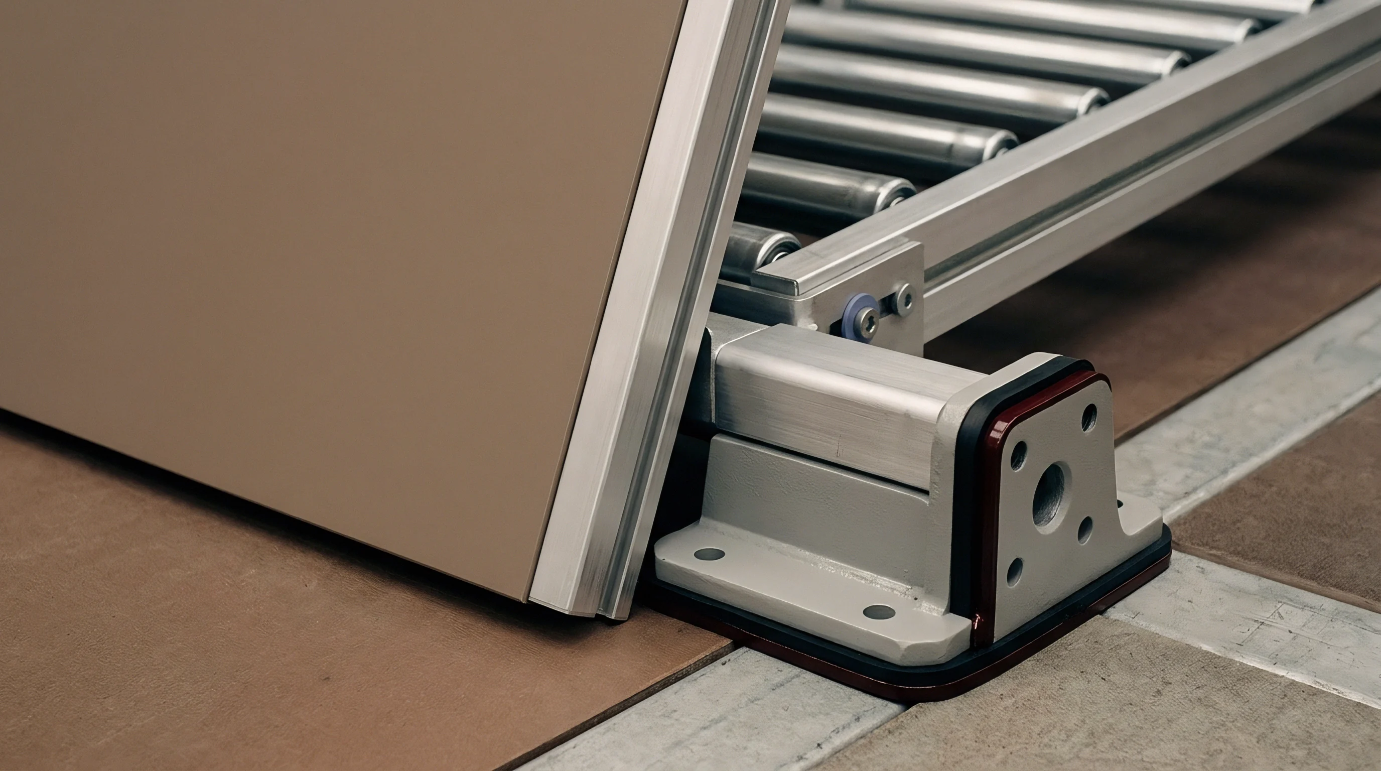 An industrial steel gravity track mounts on heavy leveling feet beside a modular aluminum profile barrier inside a manufacturing facility.