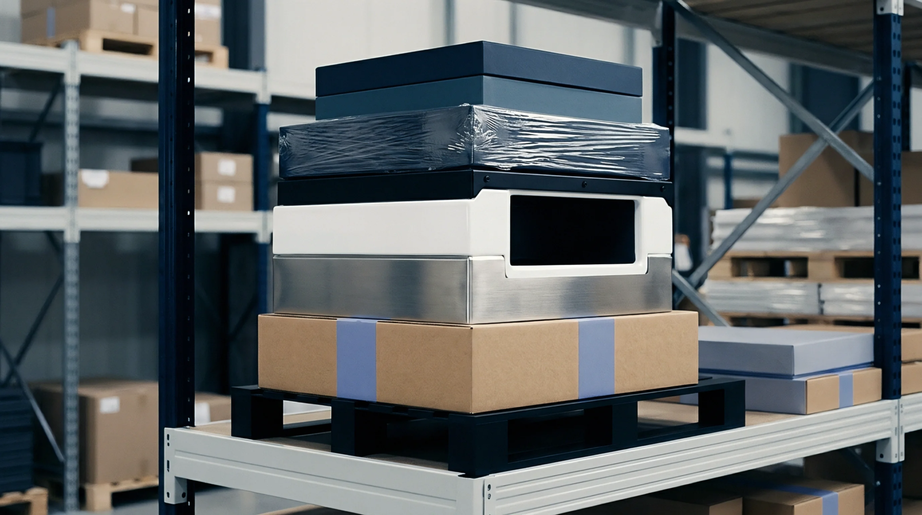 Various production components stack upon a black plastic pallet resting on a metal storage rack in an industrial warehouse setting.