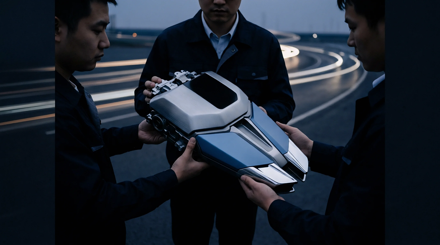 Three professionals in dark jackets meticulously inspect a newly engineered device featuring silver and metallic blue components outdoors.