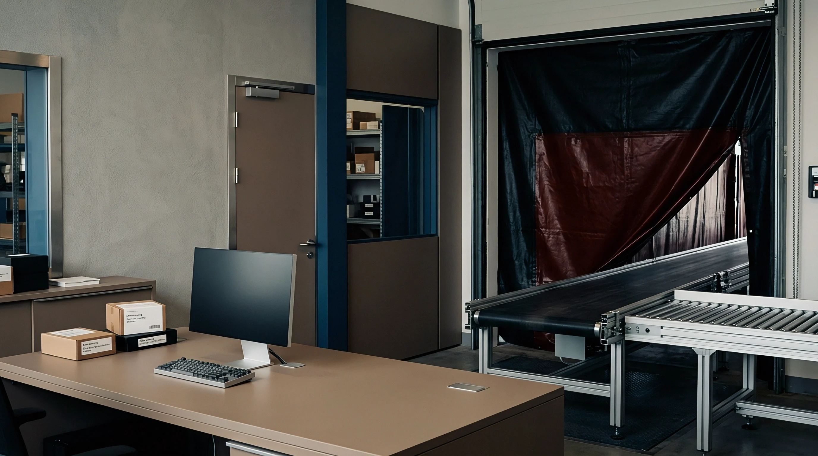 A contemporary office workspace with a computer and shipping boxes is adjacent to a large industrial curtain doorway opening into a logistics area with conveyor systems.