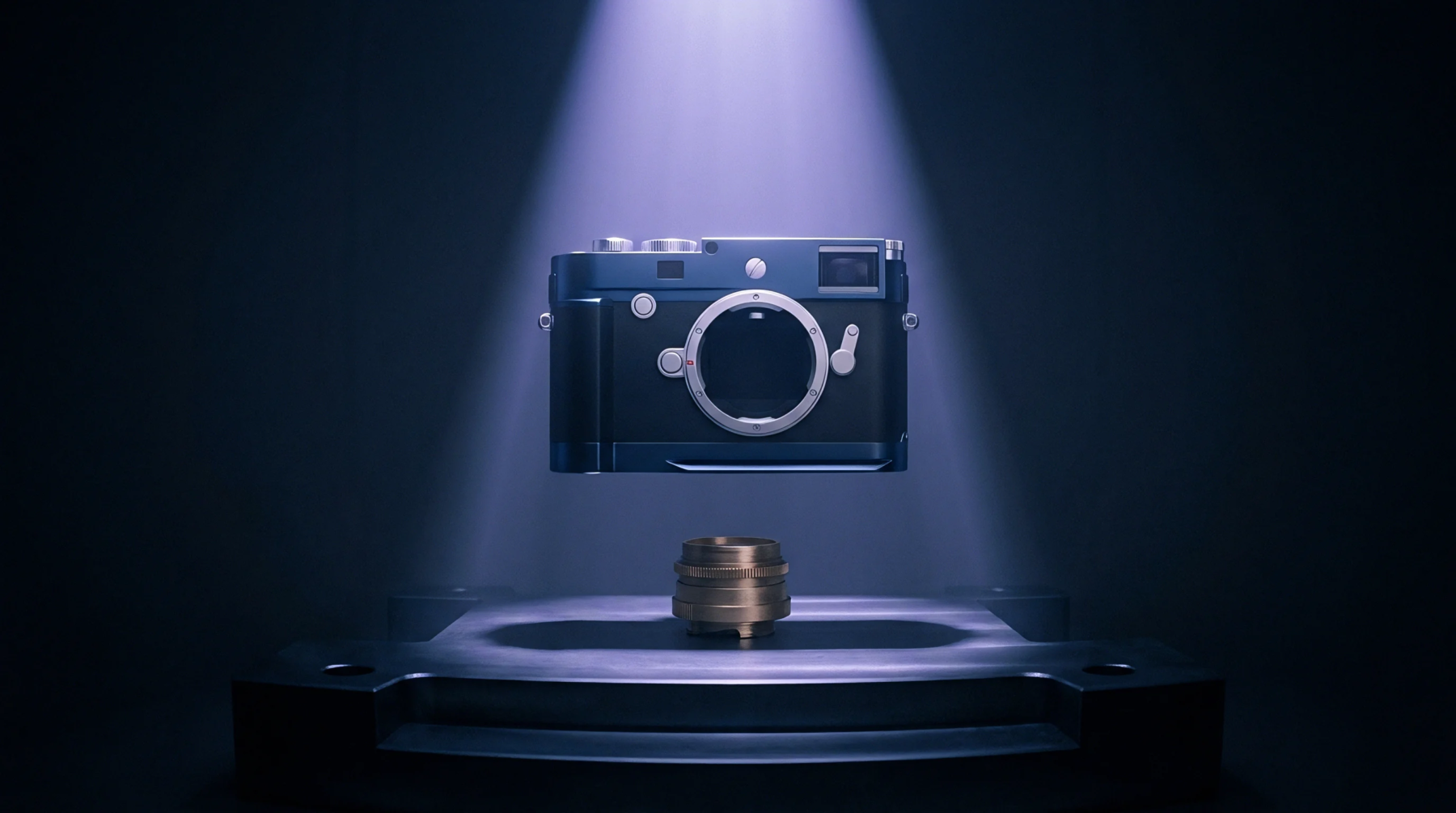 A three dimensional digital render displays a disassembled camera body hovering above a metal lens on a dark industrial pedestal.