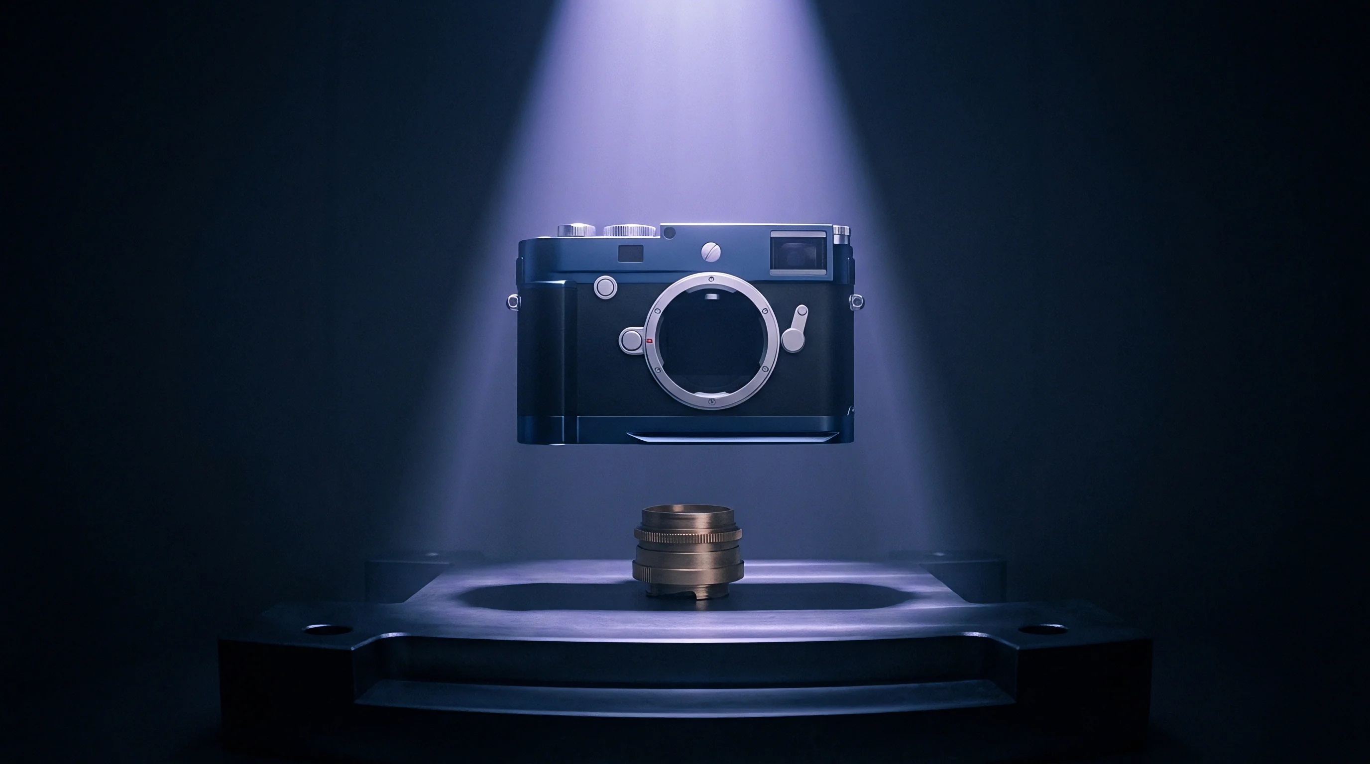 A three dimensional digital render displays a disassembled camera body hovering above a metal lens on a dark industrial pedestal.