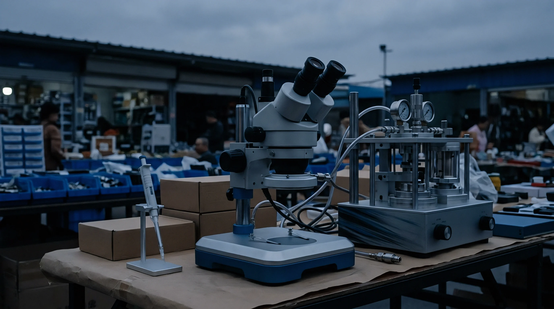 Precision optical equipment and pneumatic testing hardware rest on a brown paper covered workbench inside an open air industrial production market.