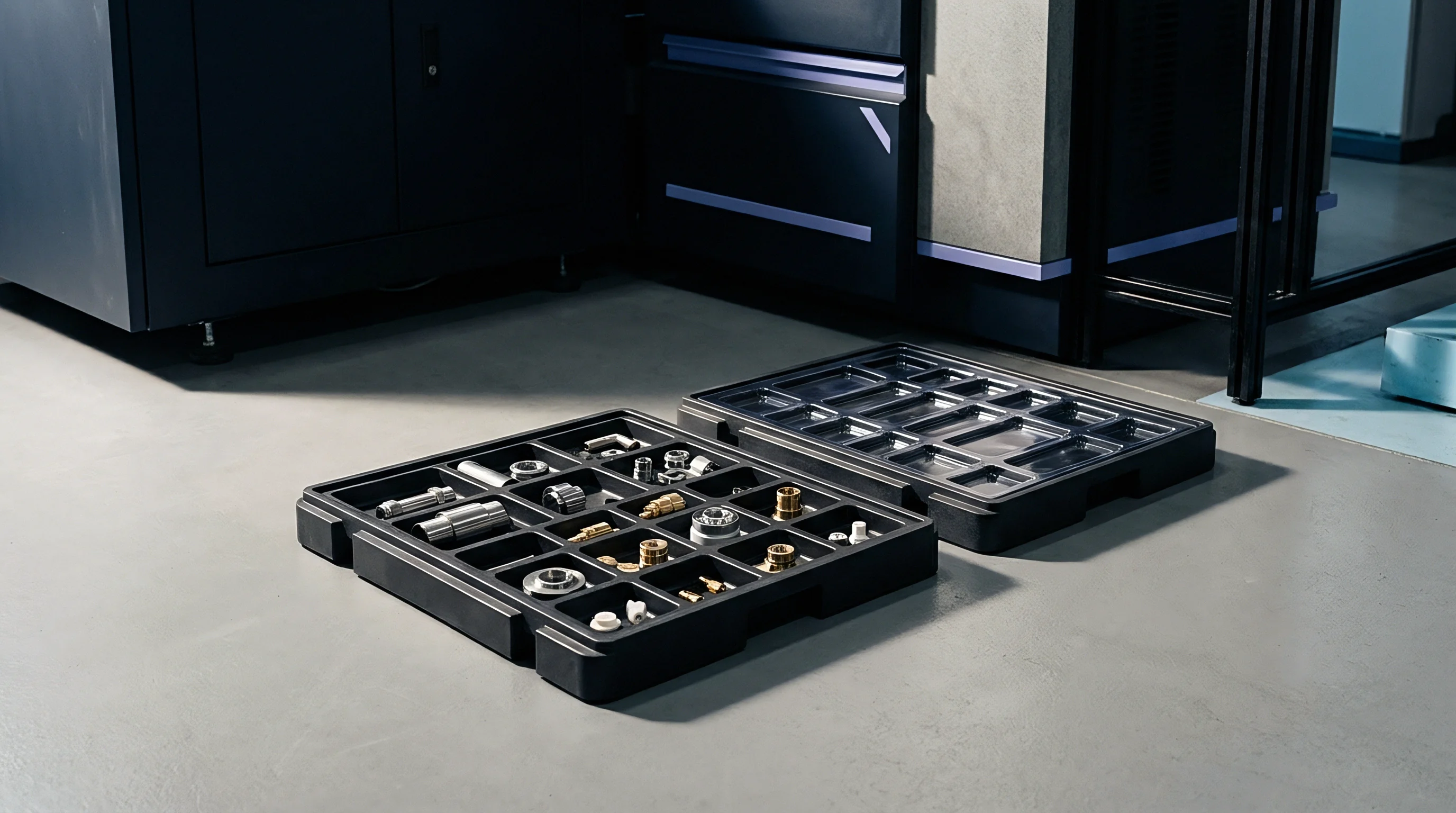 Modular black plastic component trays rest on a grey level factory floor near large equipment housing various metal industrial hardware parts and fasteners.